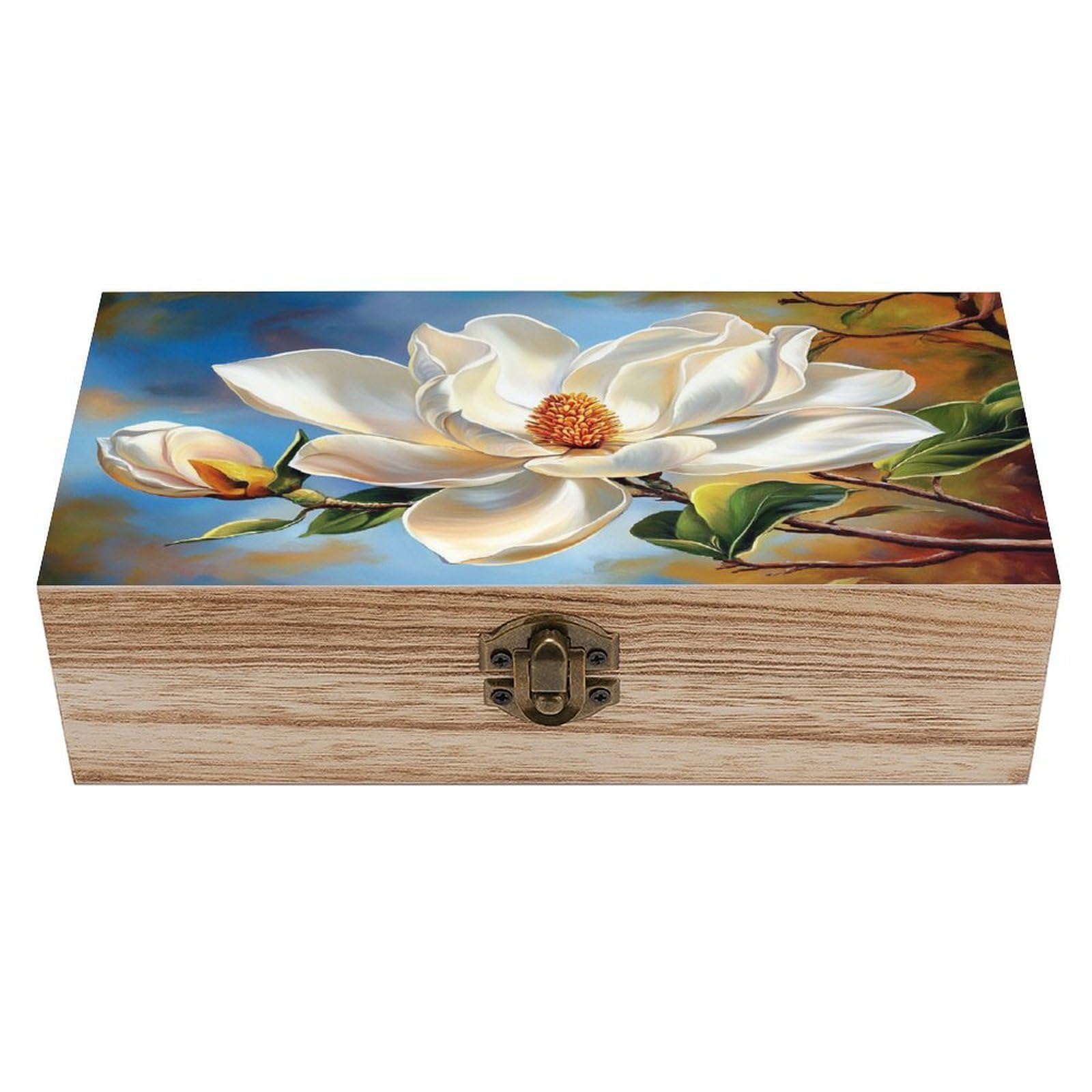 Ahdyr As Pic Blooming Magnolia White Flower Wooden Storage Box With Hinged Lid And Front Clasp Large Keepsake Box