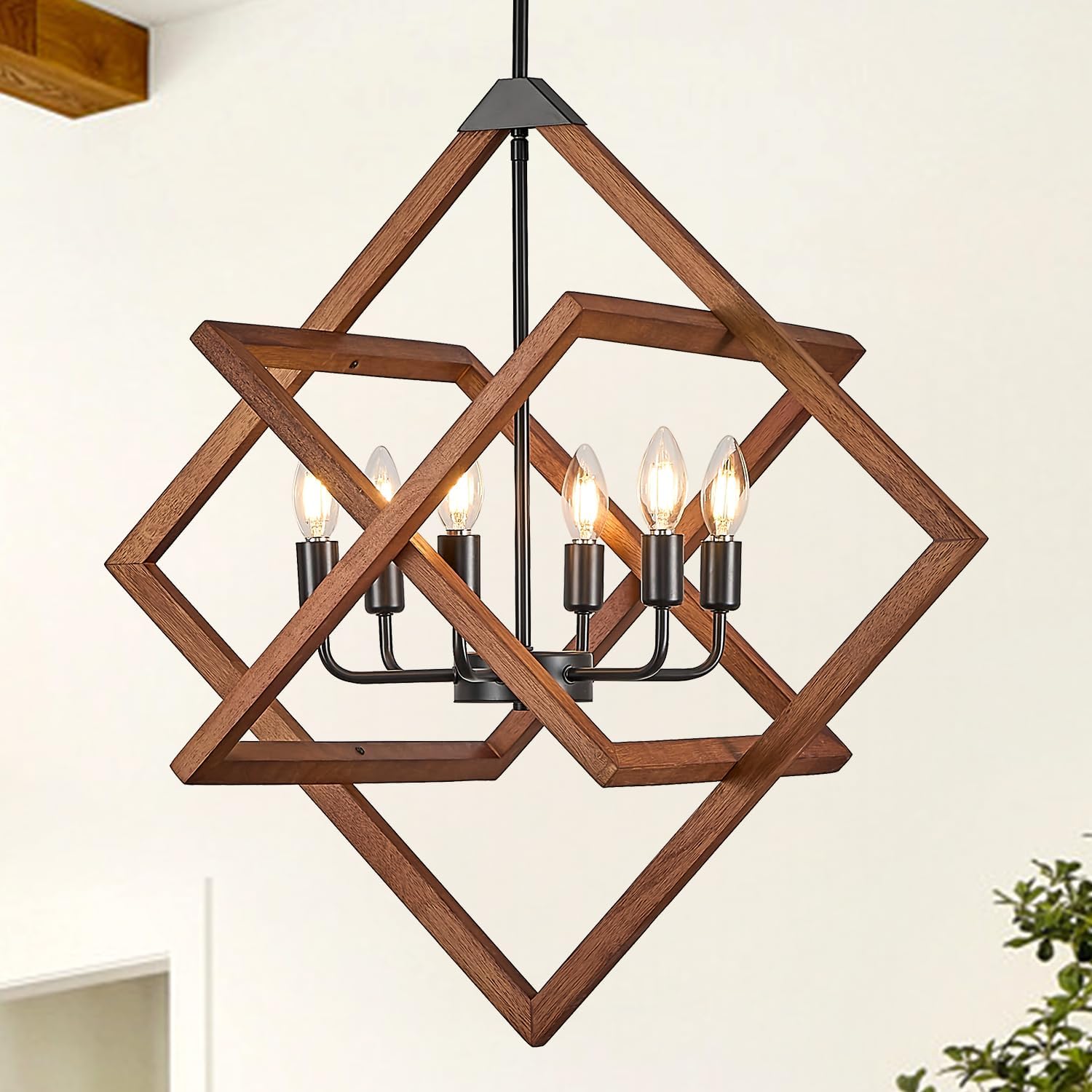 27.5" Rustic Wooden Chandelier 6 Lights Geometric Farmhouse Wood Pendant Light Adjustable Hanging Light Fixture for Kitchen, Living Room, Foyer, Entryway,Dining Room