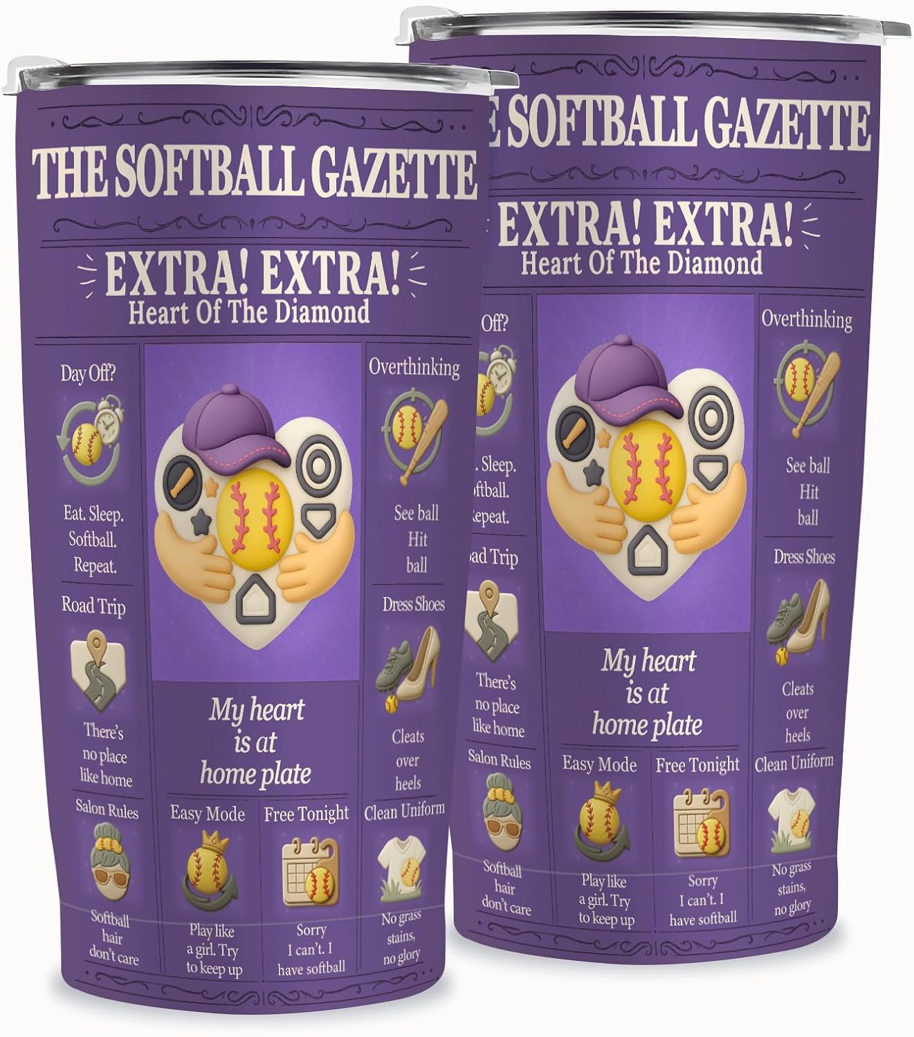 Softball Tumbler 20oz, Vacuum Insulated Stainless Steel Travel Mug with Splash-Resistant Lid, Cup Holder Friendly, Purple Newspaper Design, Gifts for Girls, Mom, Coach & Team, Fastpitch Game Day - Image 3