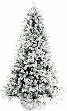 9FT Realistic Snow-Flocked Pine Artificial Holiday Christmas Tree with Sturdy Metal Stand Premium Hinged Xmas Tree for Home, Shops, Office Decoration Easy Assembly