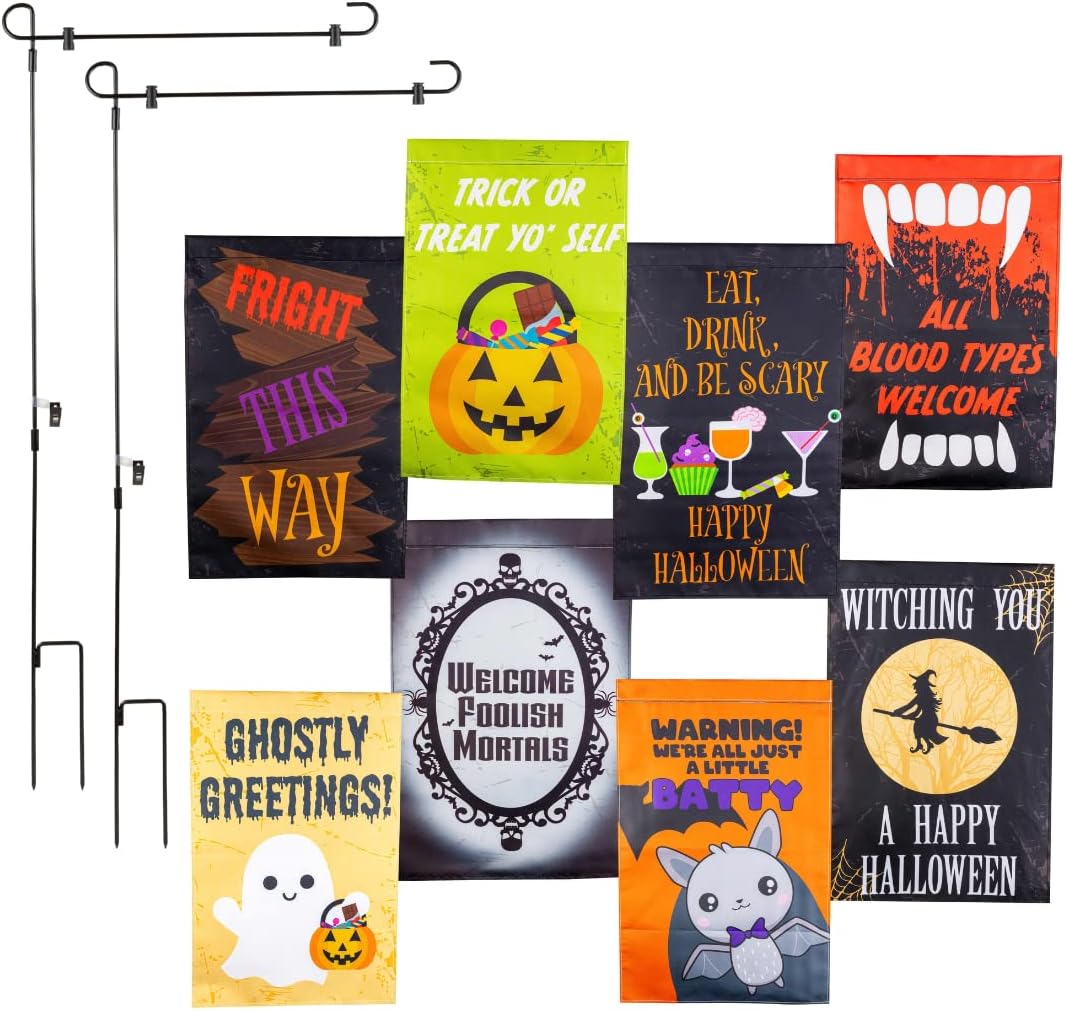 Halloween Garden Flags Value Pack w Lawn Poles- (8 Different 12" x 18" Signs) - Outdoor Weatherproof Banners - Spooky Halloween Yard Fall Decor - Interchangeable Party Decorations w Two Poles Included
