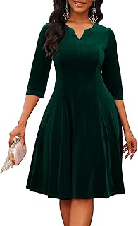 Midi Dresses for Women A-Line Fit and Flare Dress 3/4 Sleeve V Neck Cocktail Wedding Guest Work Dress with Pockets