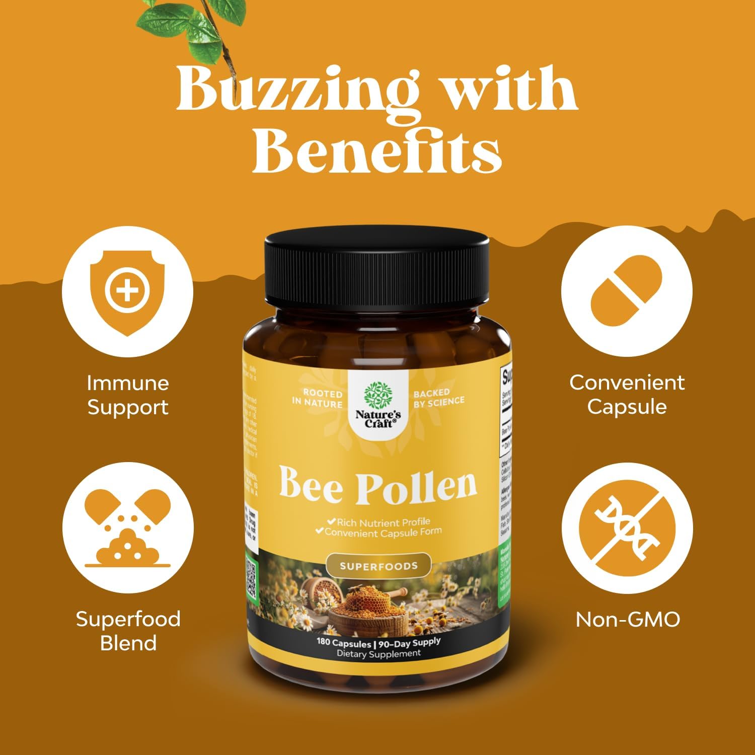 Bee Pollen Pills for Breast Growth 180 Ct - Bee Pollen Supplement 1000mg Serving with Naturally Occurring B Vitamins Minerals & Enzymes - Breast Support Supplement - Vegetarian Non-GMO & Gluten Free