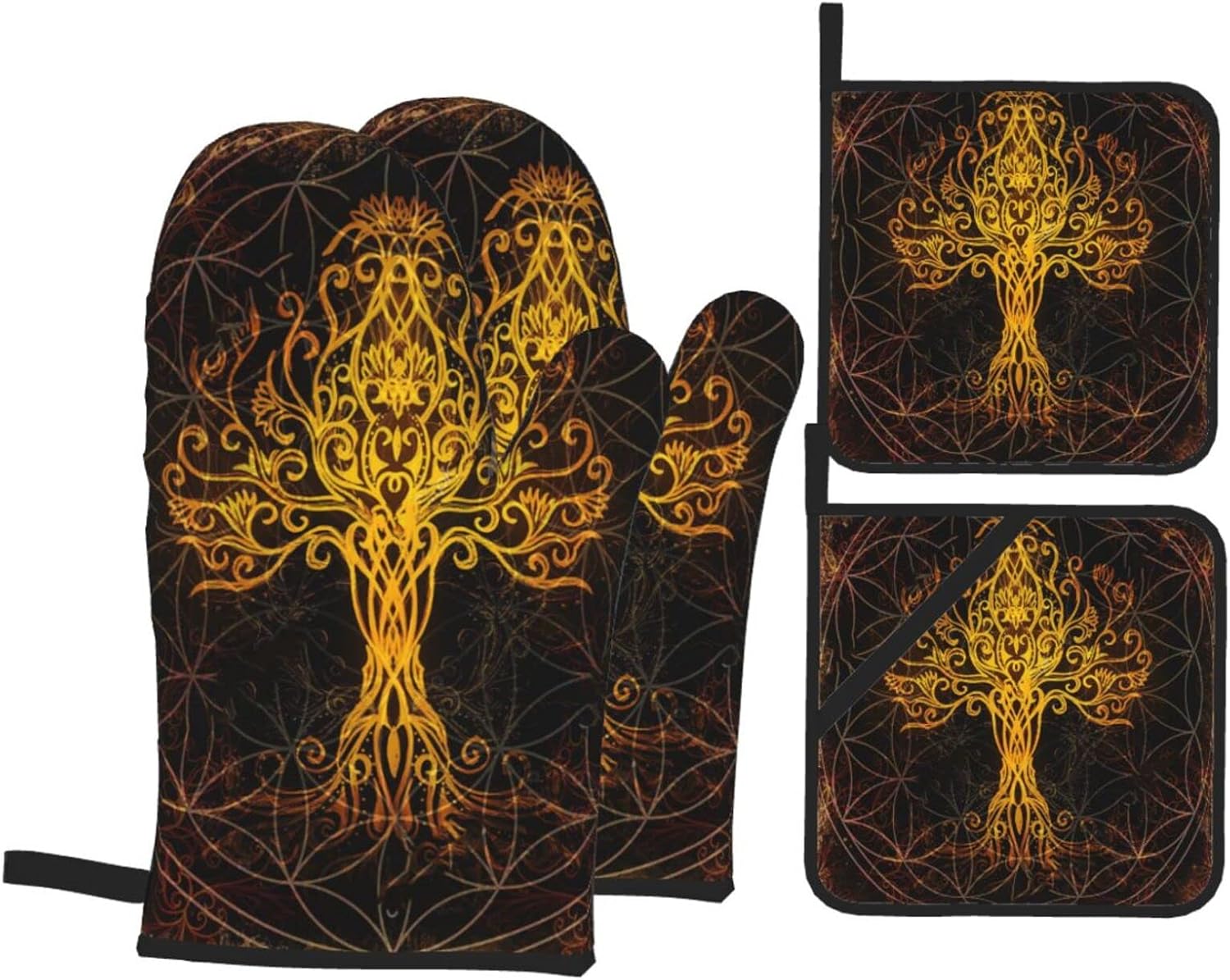 Golden Viking Norse Yggdrasil Tree Life Oven Mitts and Pot