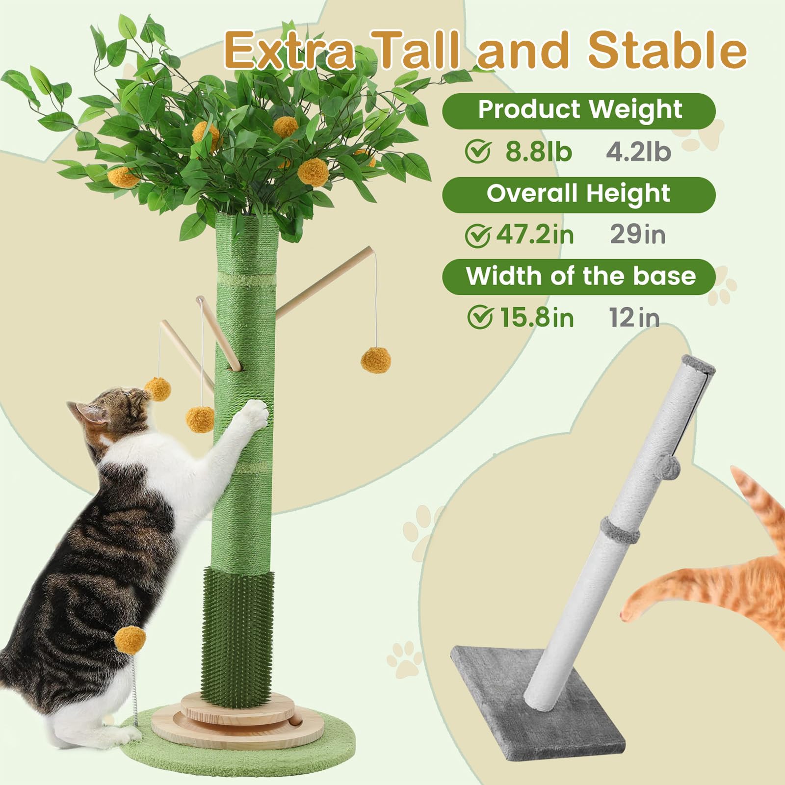Poste rascador para gatos de interior y adultos, 45 pulgadas de alto con cuerda de sisal, postes rascadores grandes con bola colgante para gatitos y gatos medianos y grandes