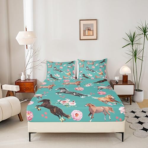 Miniatura 8 de Sábanas para cama de caballo, tamaño matrimonial, color rosa femenino romántico rosa para niñas y mujeres, juego de ropa de cama de caballo galope