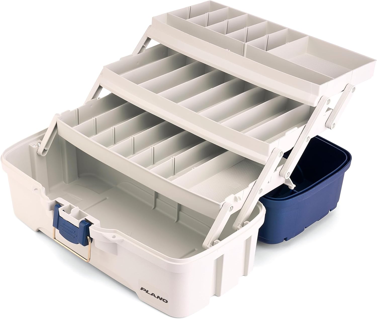 Plano Three-Tray Tackle Box, Blue/White, Rust-Proof Brass Latch, Top-Access Tray with Deep Storage, Made in the USA, Portable Fishing Gear Storage Organizer
