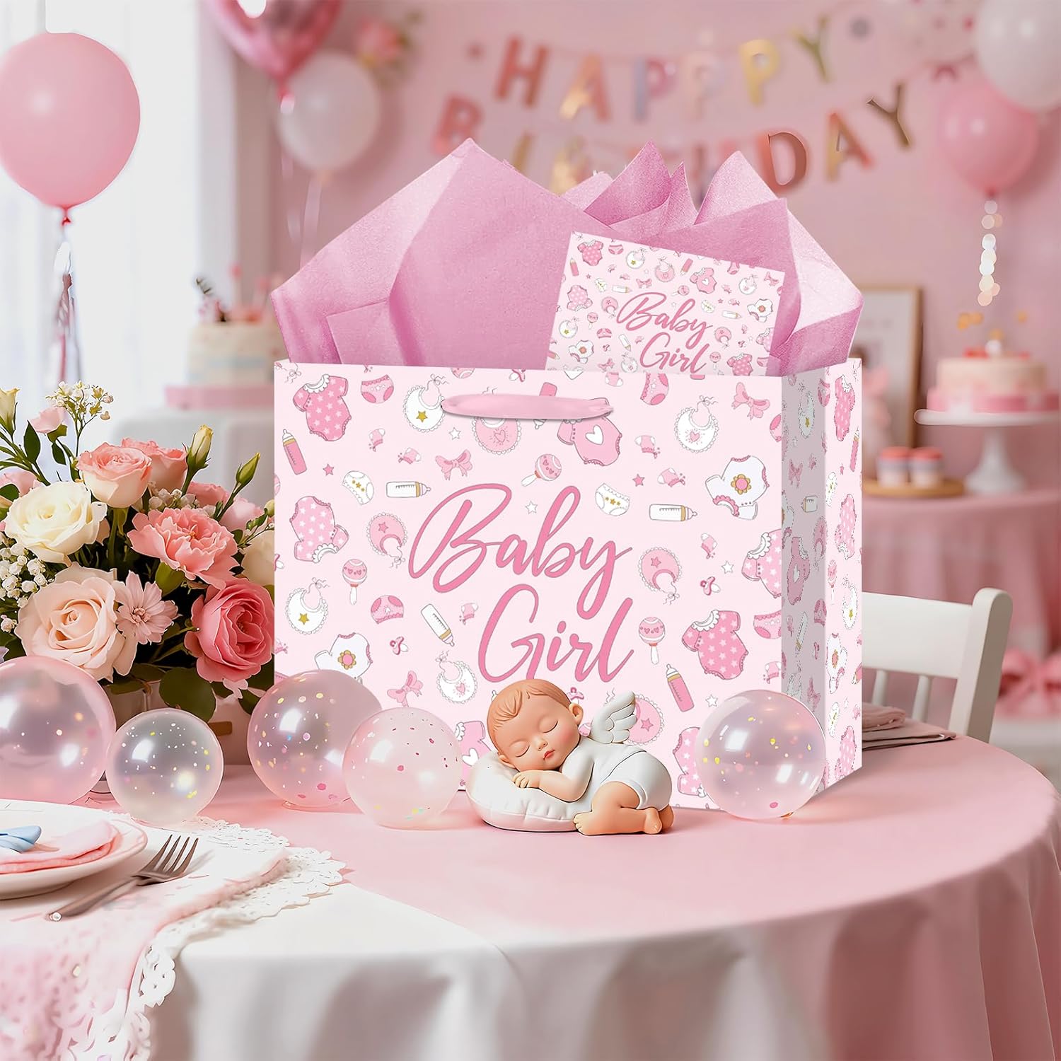 Pink Baby Girl Gift Bag Baby Shower Wrap Bag with Wrapping Paper Card Baby Gift Bag for Sweet Girls Newborn Gifts First Birthday Decorations Gender Reveal Welcome Baby Girl Party Favor Supplies - Image 2