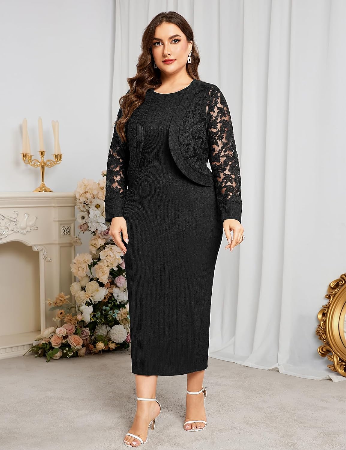 ZOMVA 1X-4X Plus Size Mother of The Bride Groom Dresses with Jacket Elegant Lace Maxi Dress 2 Piece Set Formal Wedding Guest