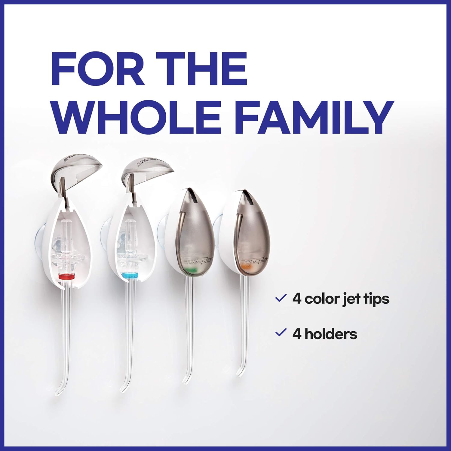 Four color-coded jet tips with their individual holders