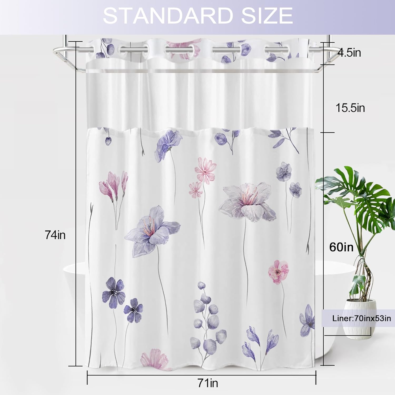 No Hook Shower Curtain and Liner Set, Watercolor Purple Floral Shower Curtains for Bathroom, Modern Hotel Bathroom Curtain Sets with Snap in Liner, 71x74 Inches