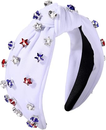 ARATLENCH 4 th of July Headband for Women American Flag Knottted Headband Red White Blue Crystal Star Patriotic Party Favor