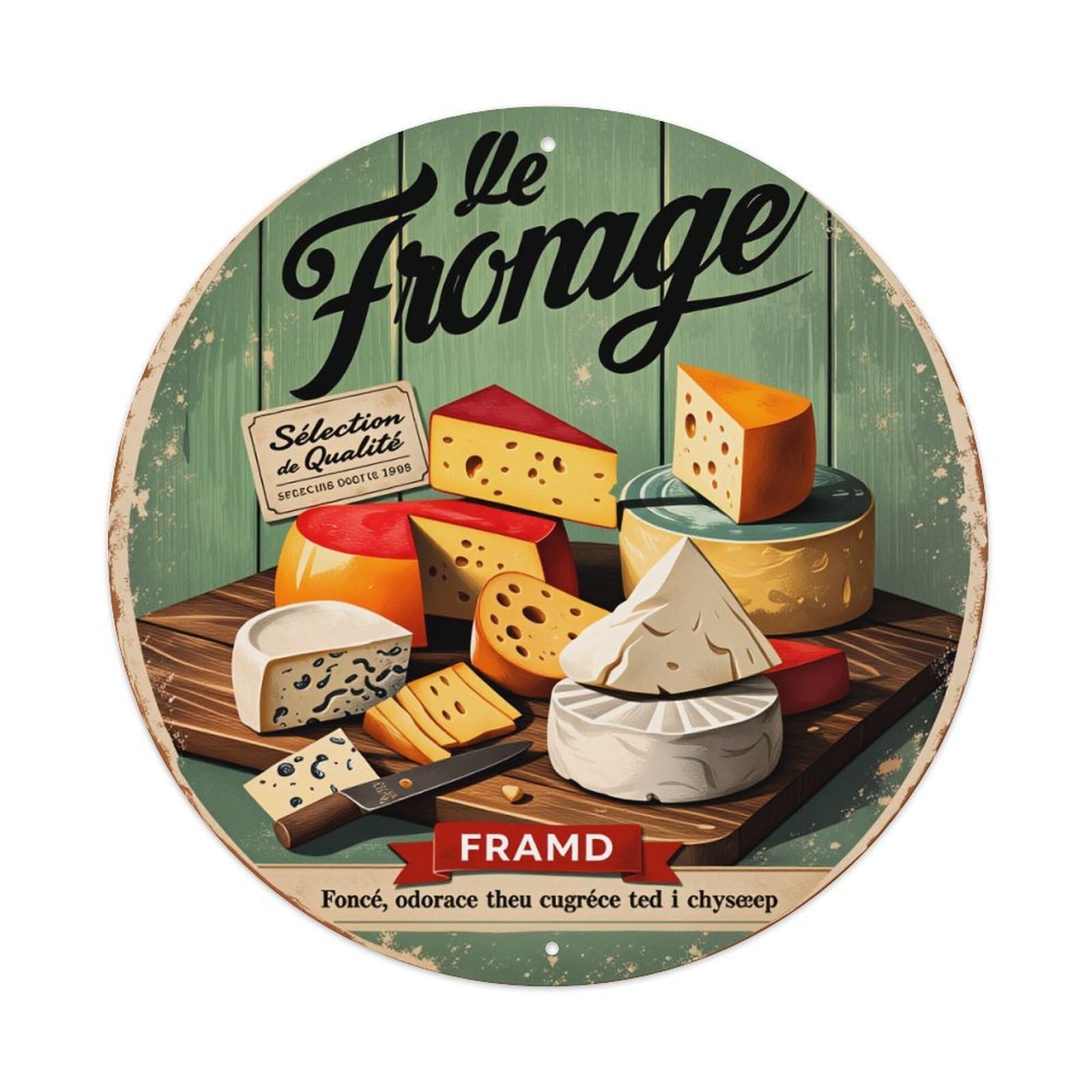 Lzwbntey Vintage Cheese Selection Artistic Label Metal Tin Sign Retro Wall Decor For Home Bar Garage Cafe, Indoor & Outdoor Decorative，Circle Metal Poster, 8X8 Inch