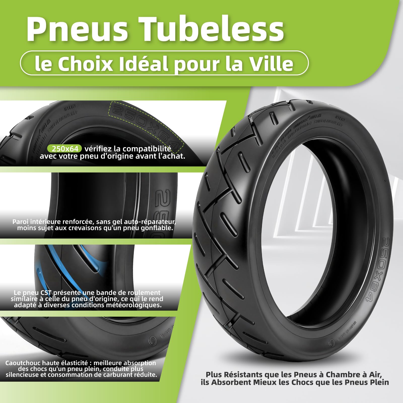 250 x 64 CST Pneu tubeless pour scooter électrique Xiaomi 4 Ultra - 10" - Pneu de rechange sans chambre à air avant/arrière - Avec buse d'air (CST Tubeless x 2)