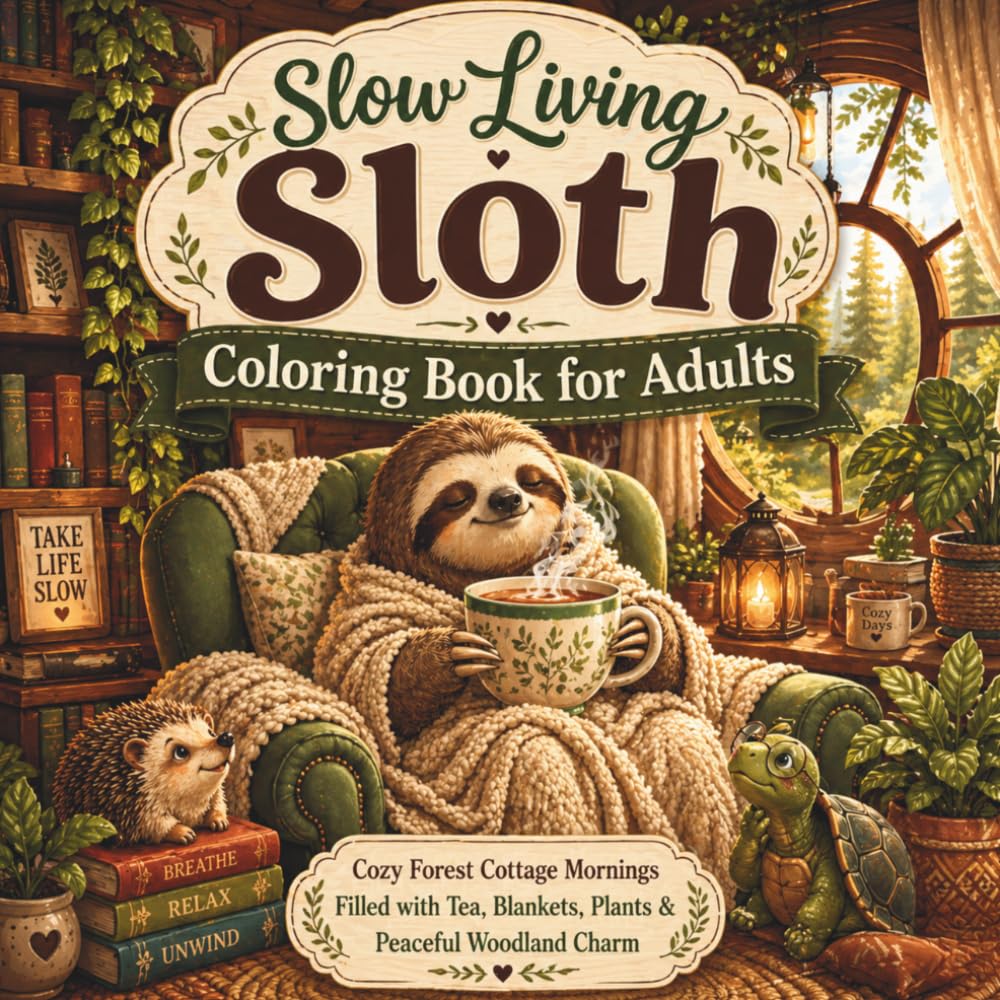 slow living sloth coloring book for adults: A Stress Relief Coloring Book Featuring Cozy Forest Cottages, Relaxing Woodland Animals, and Mindful Scenes for Self-Care and Relaxation