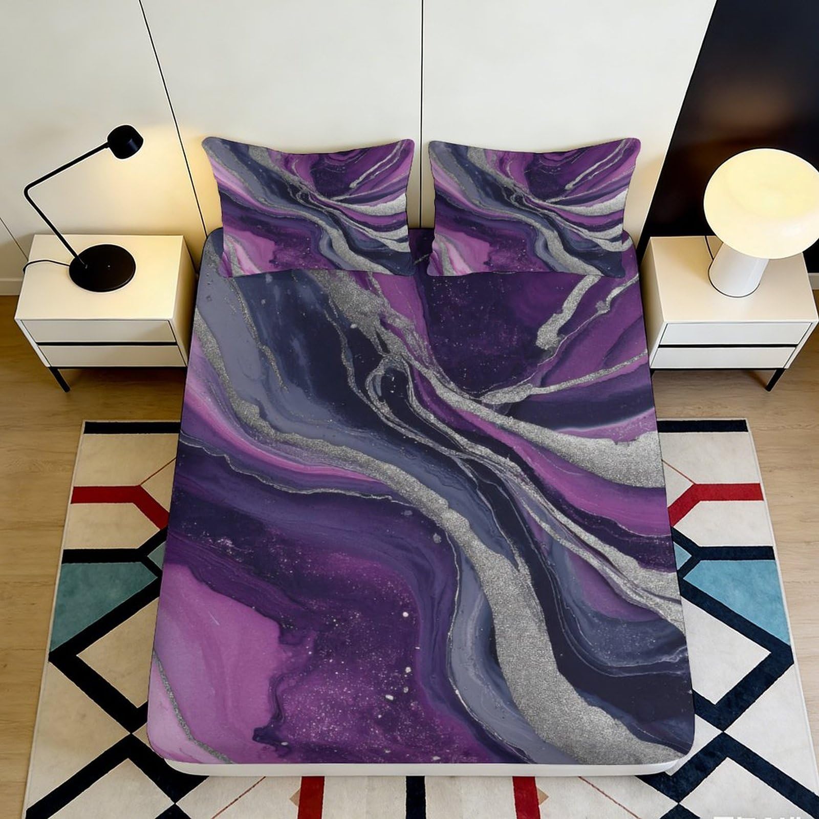 3D Printed Purple Marble Fitted Sheet Microfiber Soft Abstract Swirl Mattress Cover for Bedroom Guestroom Decor 90x200x25cm