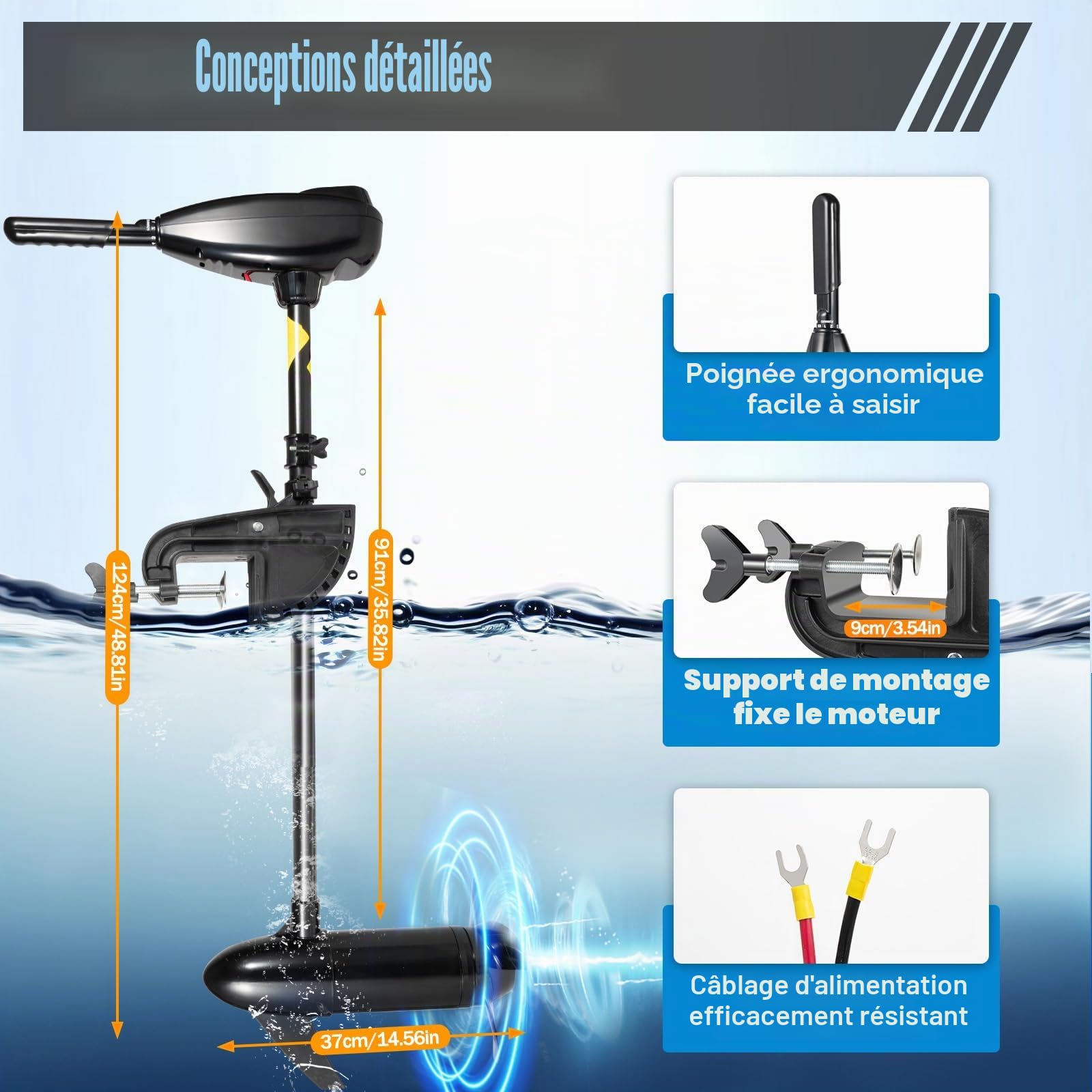 Moteur électrique hors-bord 80 LBS 12 V 800 W, moteur hors-bord, Moteur de Bateau de Pêche à la Traîne, avec Indicateur de Batterie, pour Kayak, pêche