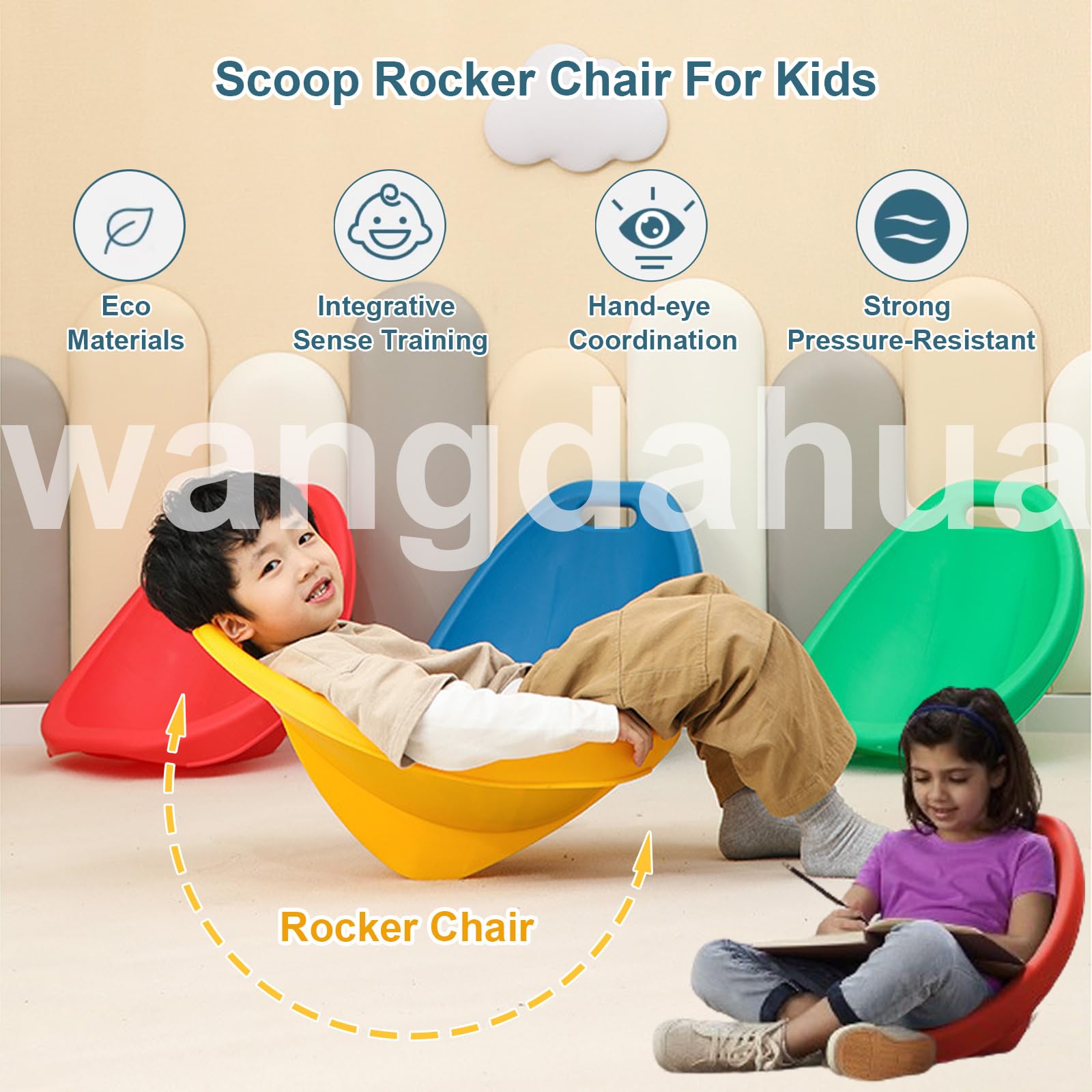 Scoop Rocker Chair for Kids, Toddler Plastic Chair - 2 Packs, Flexible Seating for Classroom, Portable Floor Chair with Back Support, Preschool Reading Chair, Active Chairs for Indoor/Outdoor,Green