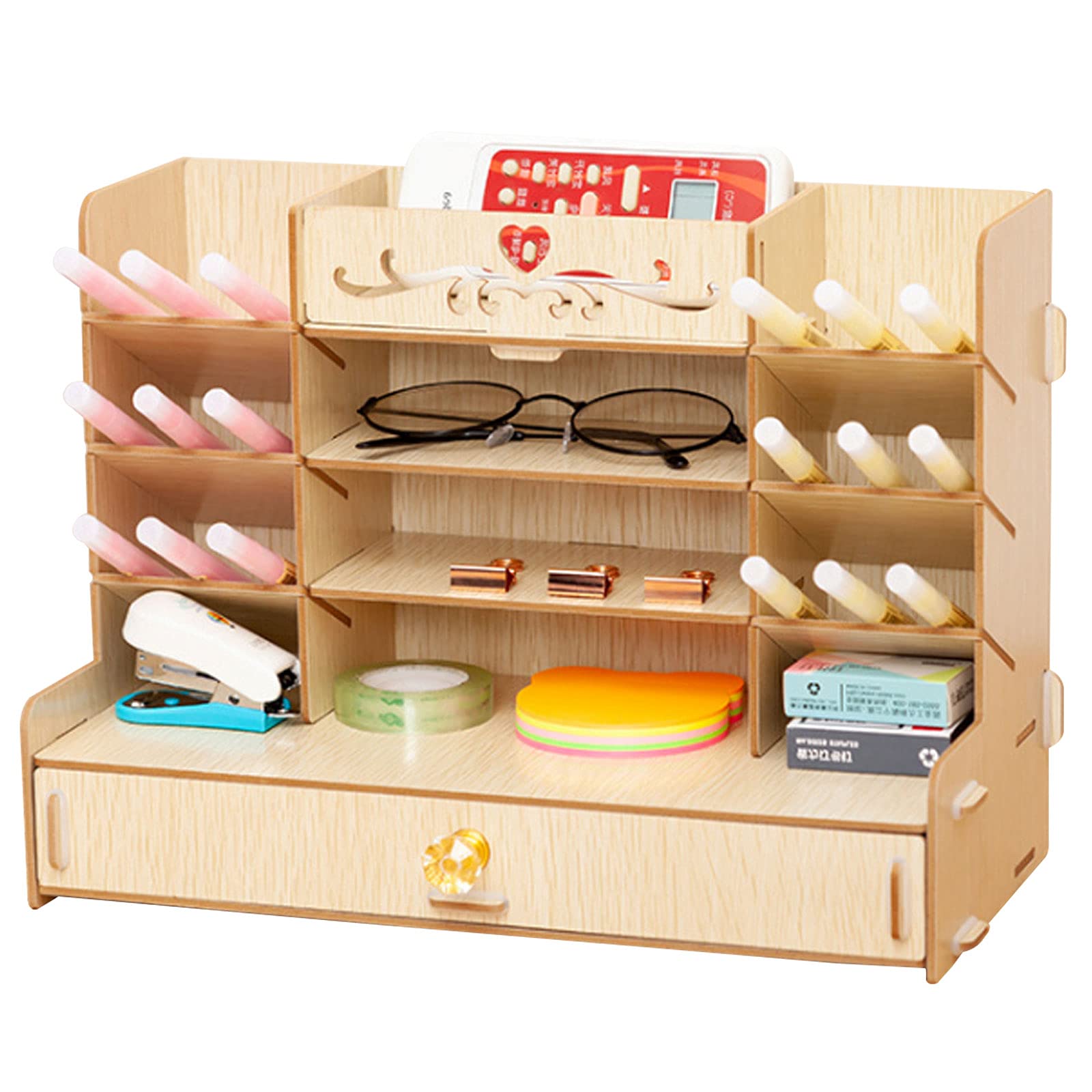 Portapenne Multifunzionale Portaoggetti da Tavolo Fisso con Cassetto, Multifunzionale Grande Organizer con Cassetto per Cancelleria, Ufficio, Casa e Scuola,Oak