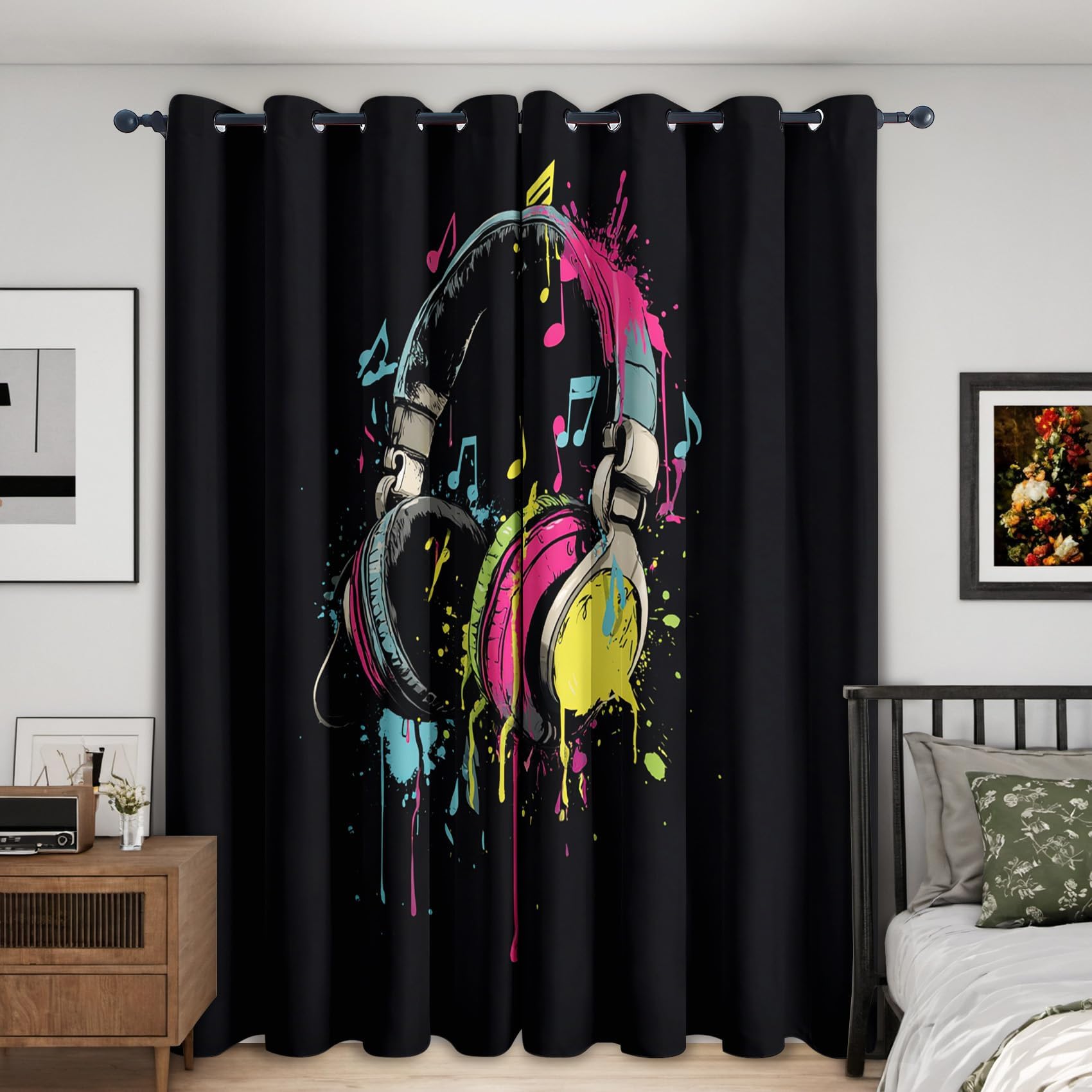 Tende oscuranti con cuffie e graffiti, 72,5 x 245 cm (LxA), Tende con stampa di musica hip hop, per camera da letto di ragazzi e ragazze, soggiorno, 2 pannelli