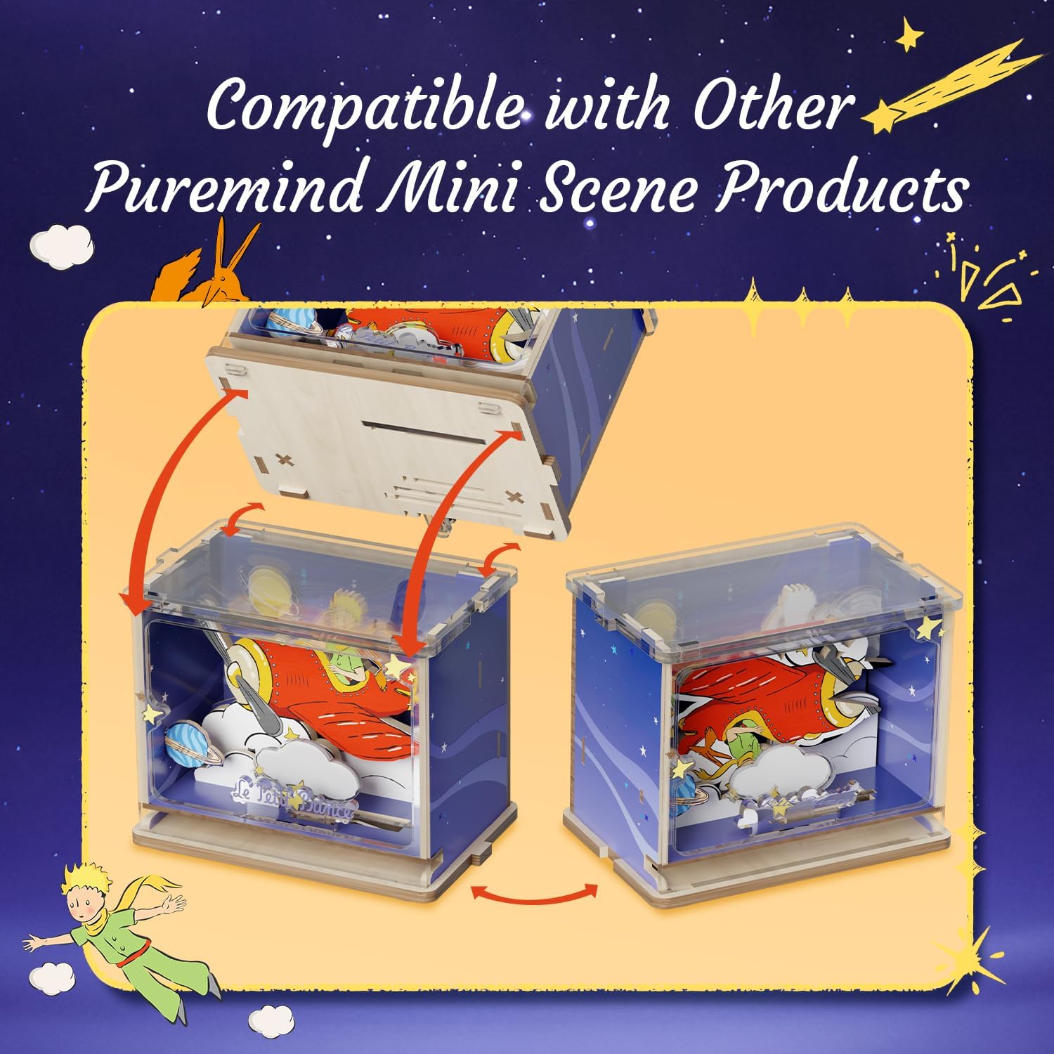 PUREMIND The Little Prince Miniature Wooden Puzzle Kit - Officially Licensed Le Petit Prince Building Set with Moving Parts, 3D Desktop Display, Airplane Scene, Collector Gift for Fans