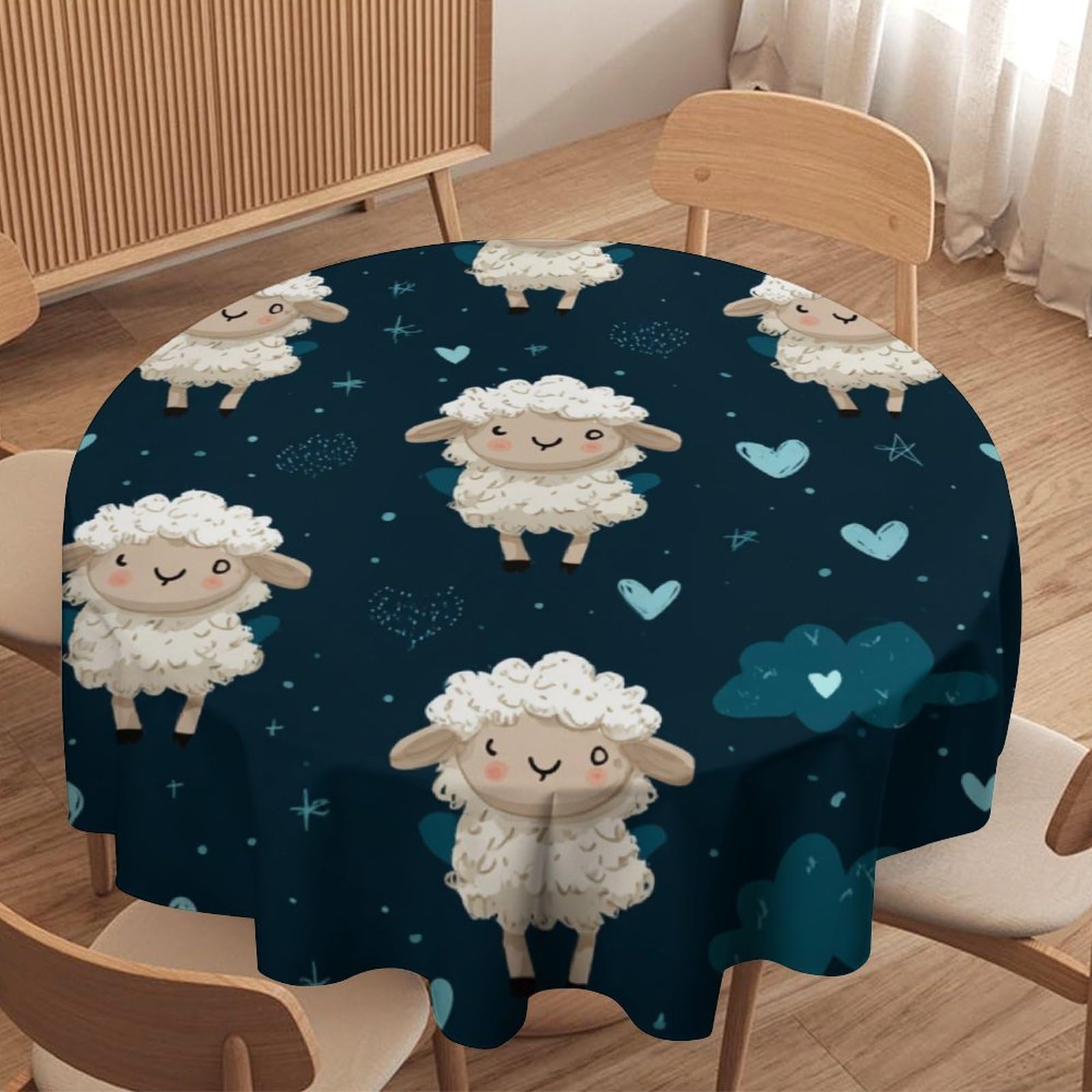 LUYYSKY Cute Funny Animals Sheep Round Tablecloth Vintage Abstract Farm Animal Alpaca Cloud Heart Pattern Washable Decor for Table Cover for Kitchen-91.4" Wx91.4 L cm