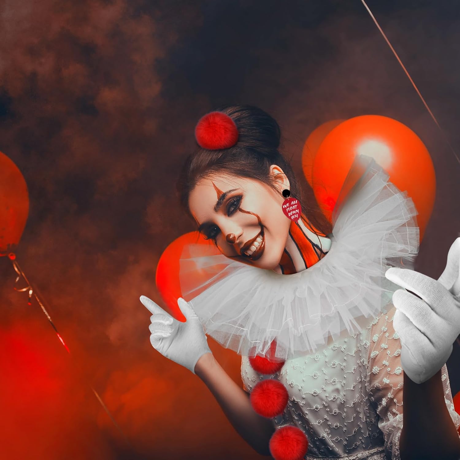 Kavoc 11 Pcs Halloween Clown Accessories for Women Clown Neck Ruffle Collar Earrings Balloons Gloves for Halloween Scary Movie Cosplay Party - Image 7