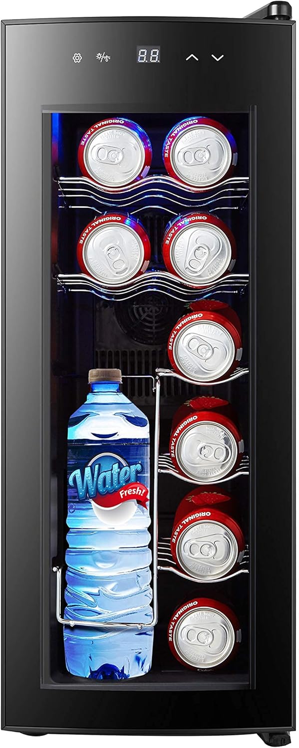 Interior view of FRIGIDAIRE EFRW1225 Wine and Beverage Cooler showing cans and a water bottle