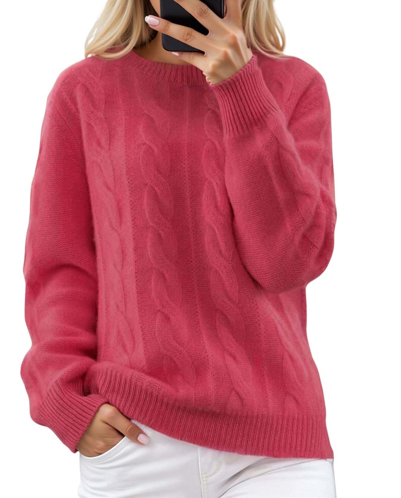 Womens Crew Neck Solid Color Jacquard Knit Top Stylish Vintage Pullover Sweater Enhance Your Wardrobe Taste