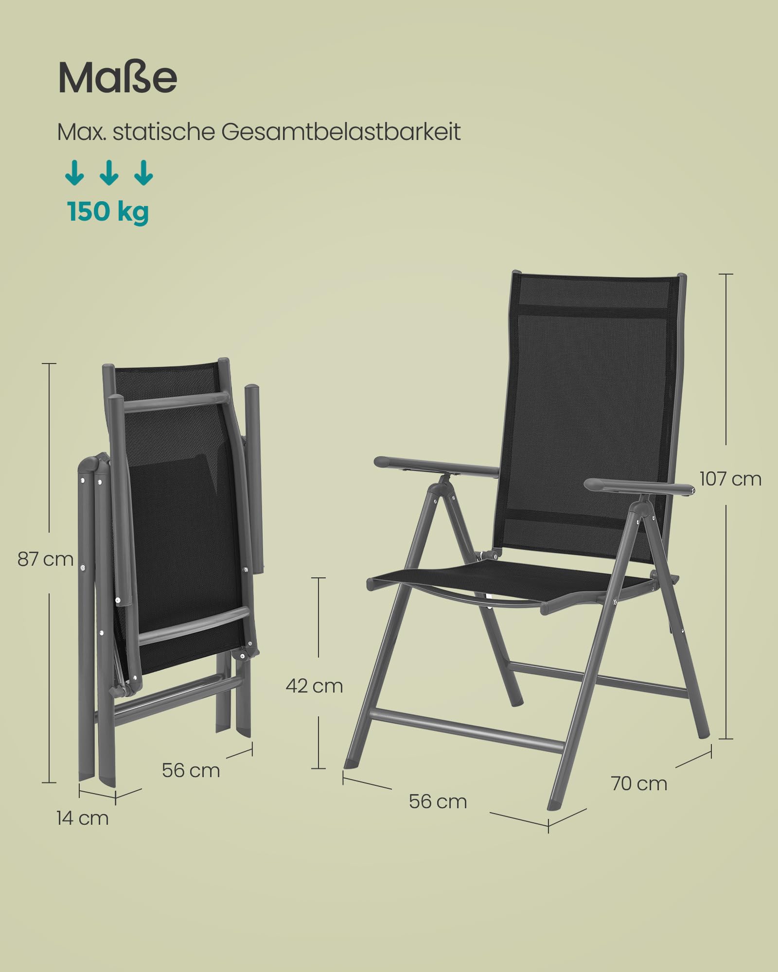 SONGMICS Gartenstuhl 2er Set, Klappstuhl, Outdoor-Stuhl, mit Metallgestell, 8-Fach verstellbare Rückenlehne, bis 150 kg belastbar, schwarz GCB29BK