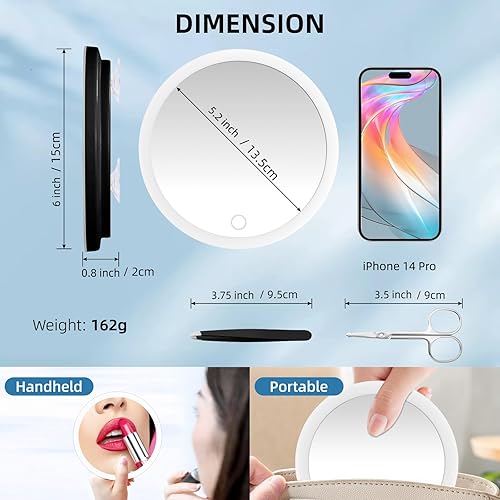 Miniatura 5 de 10 espejos de aumento con luz, 3 modos de color atenuación de 6 pulgadas, 10 espejos con aumento con 3 ventosas, espejo de aumento de viaje 10x,