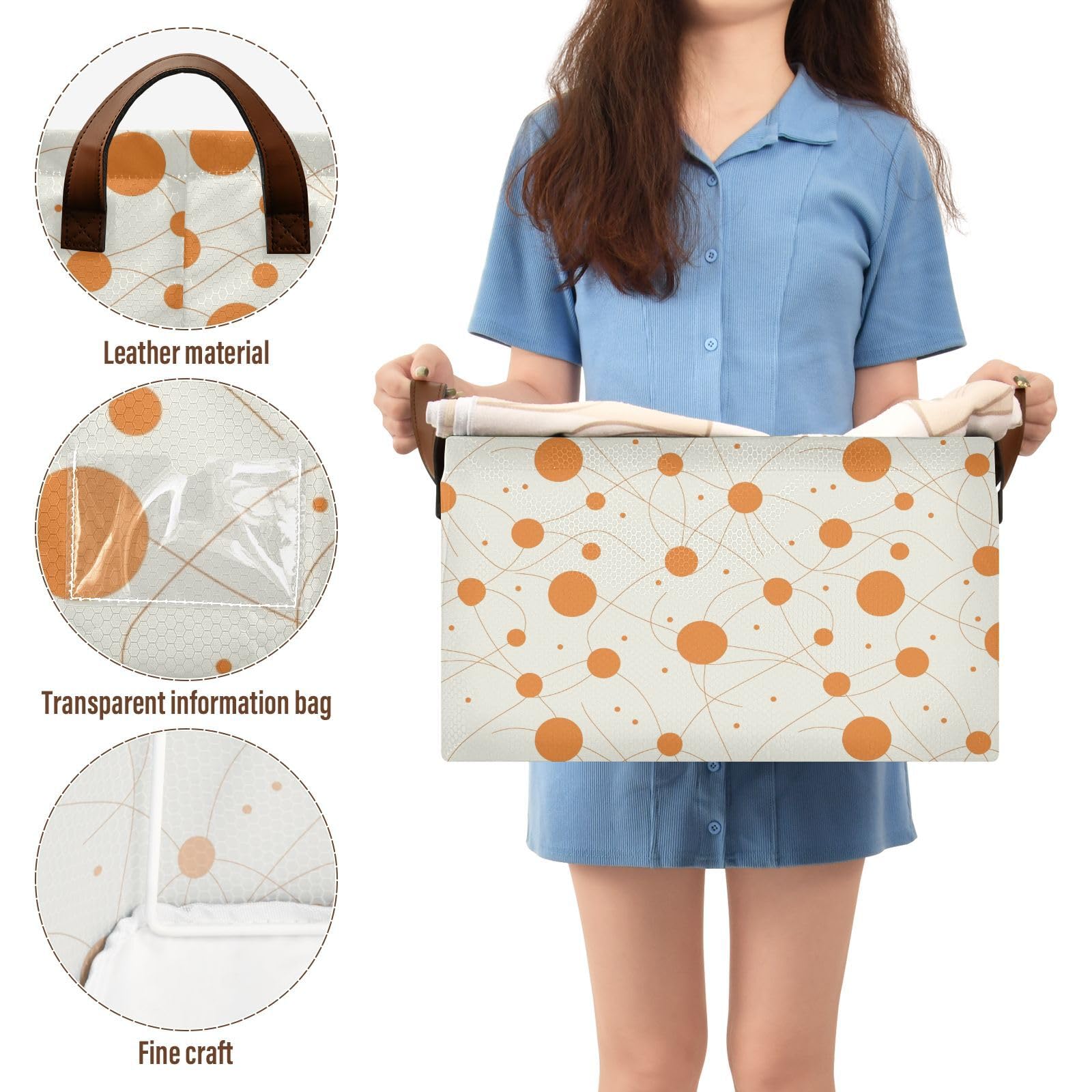 KLL Cestas de almacenamiento grandes de tela con asas de lunares naranjas, minimalistas, grandes, para maquillaje, libros, estantes, sala de estar, paquete de 2 cajas de almacenamiento para armario