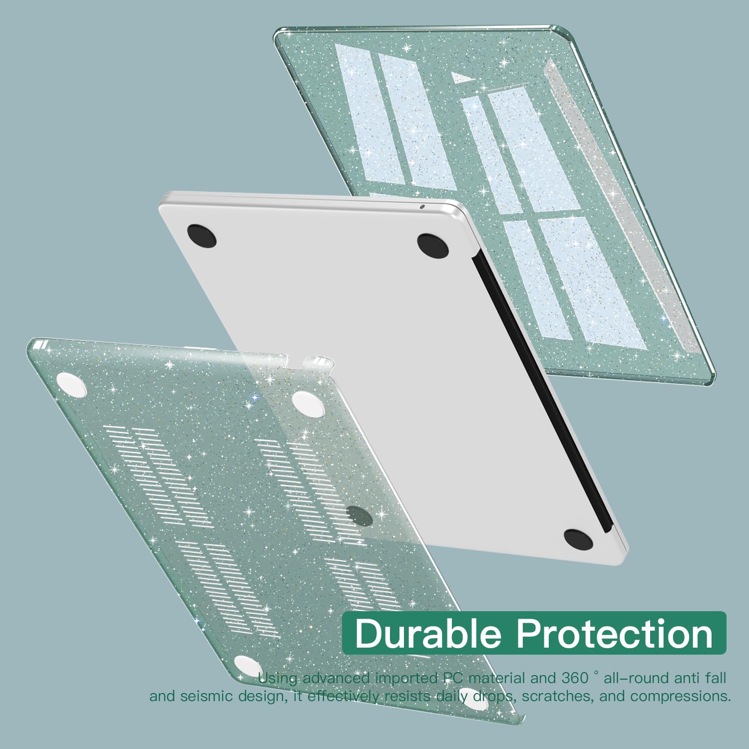 CISSOOK Funda para MacBook Air de 13.6 pulgadas con purpurina 2022 2023 2024 2025 2026 versión A2681 A3113 A3240 A3449, funda rígida con purpurina verde medianoche con cubierta de teclado para MacBook