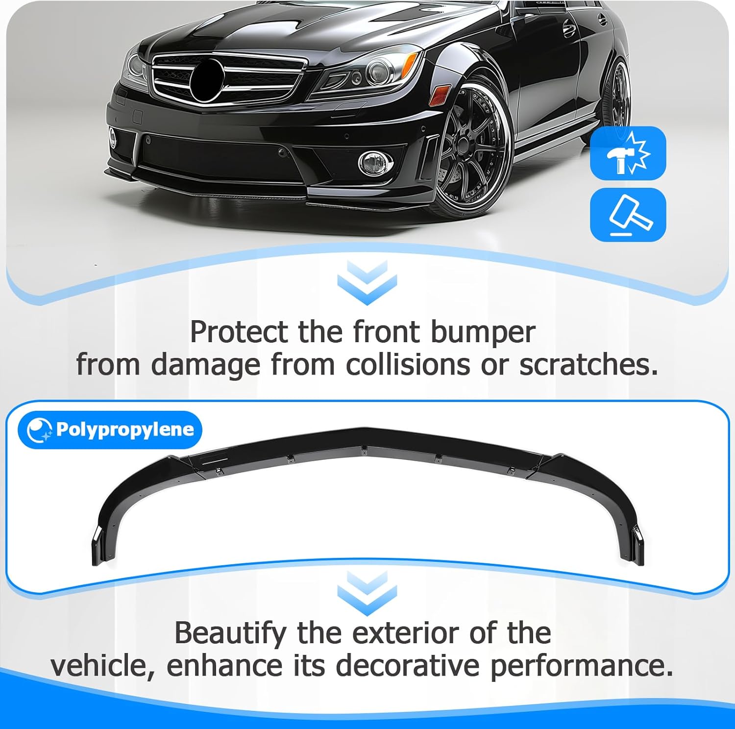 ECOTRIC Front Bumper Lip Compatible with 2012-2014 Mercedes Benz W204 C180 C200 C220 C250 C300 Sport Models Splitter Spoiler Trim Protection 3PCS