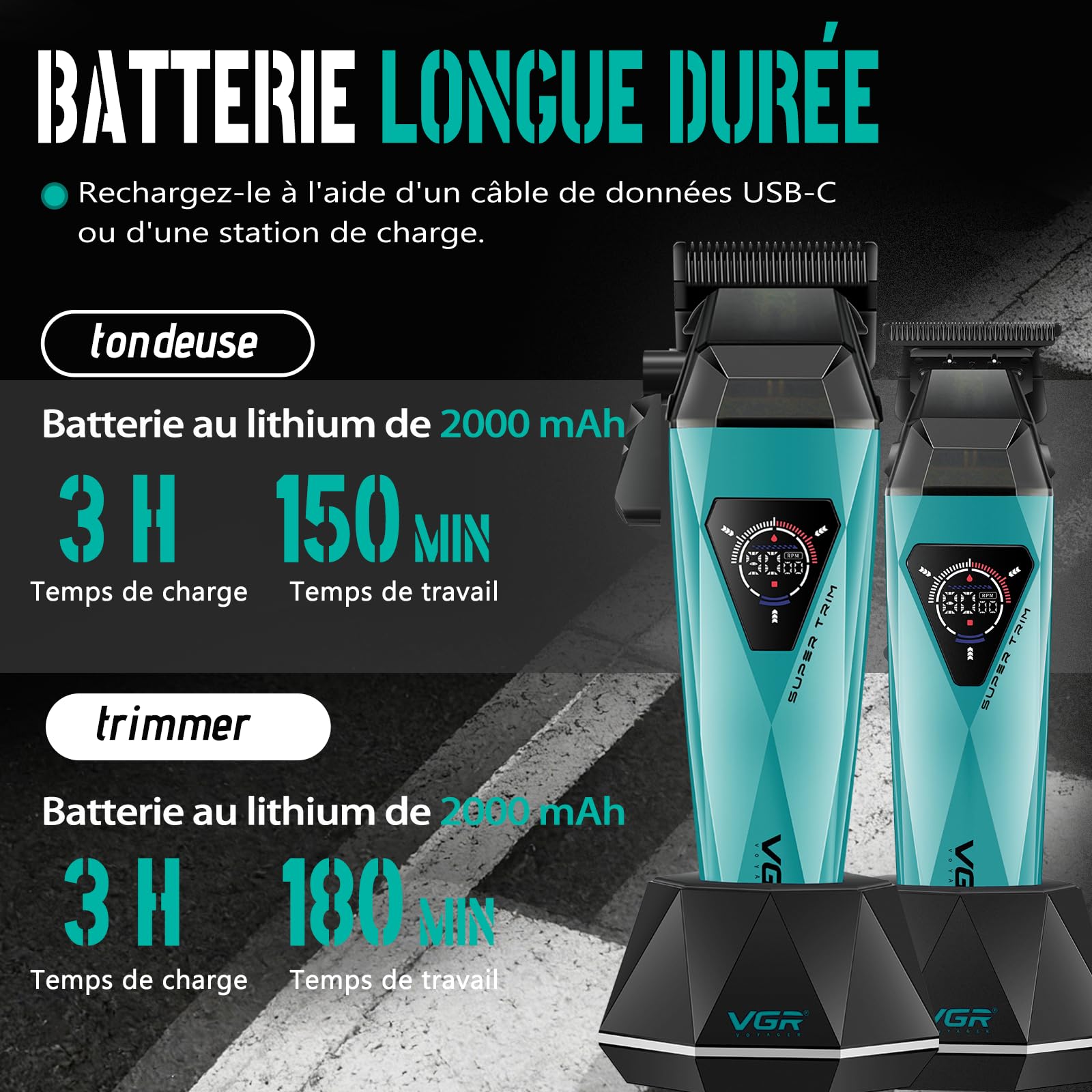 VGR 877S3 Set de Tondeuse Cheveux Hommes Professionnel, Station de Charge