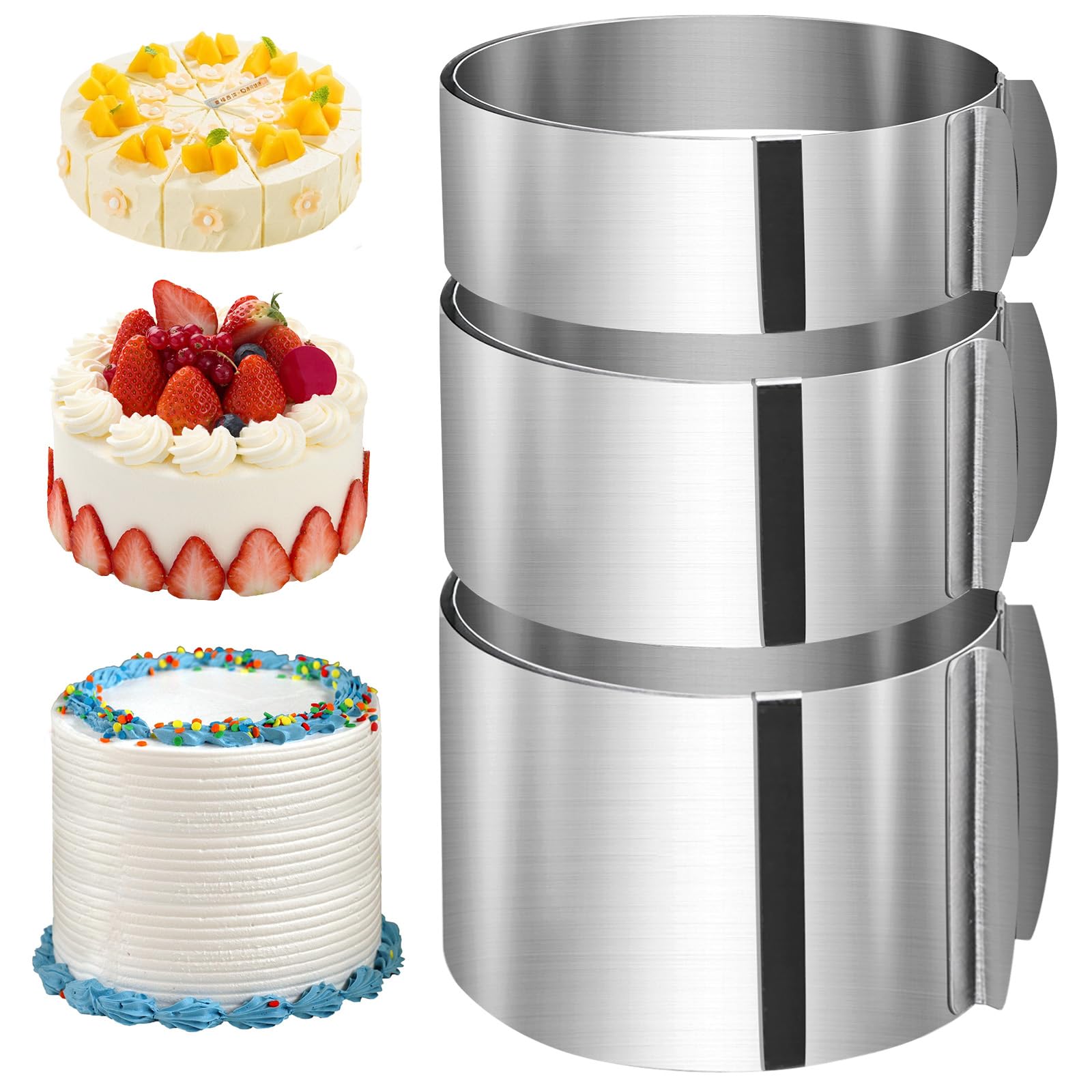 PORFOYO 3 anelli per torte regolabili in altezza 5 cm, 8 cm, 10 cm, in acciaio inox, larghezza 16 – 30 cm, telaio rotondo, stabile stampo per torte, anello rotondo regolabile per cuocere e decorare