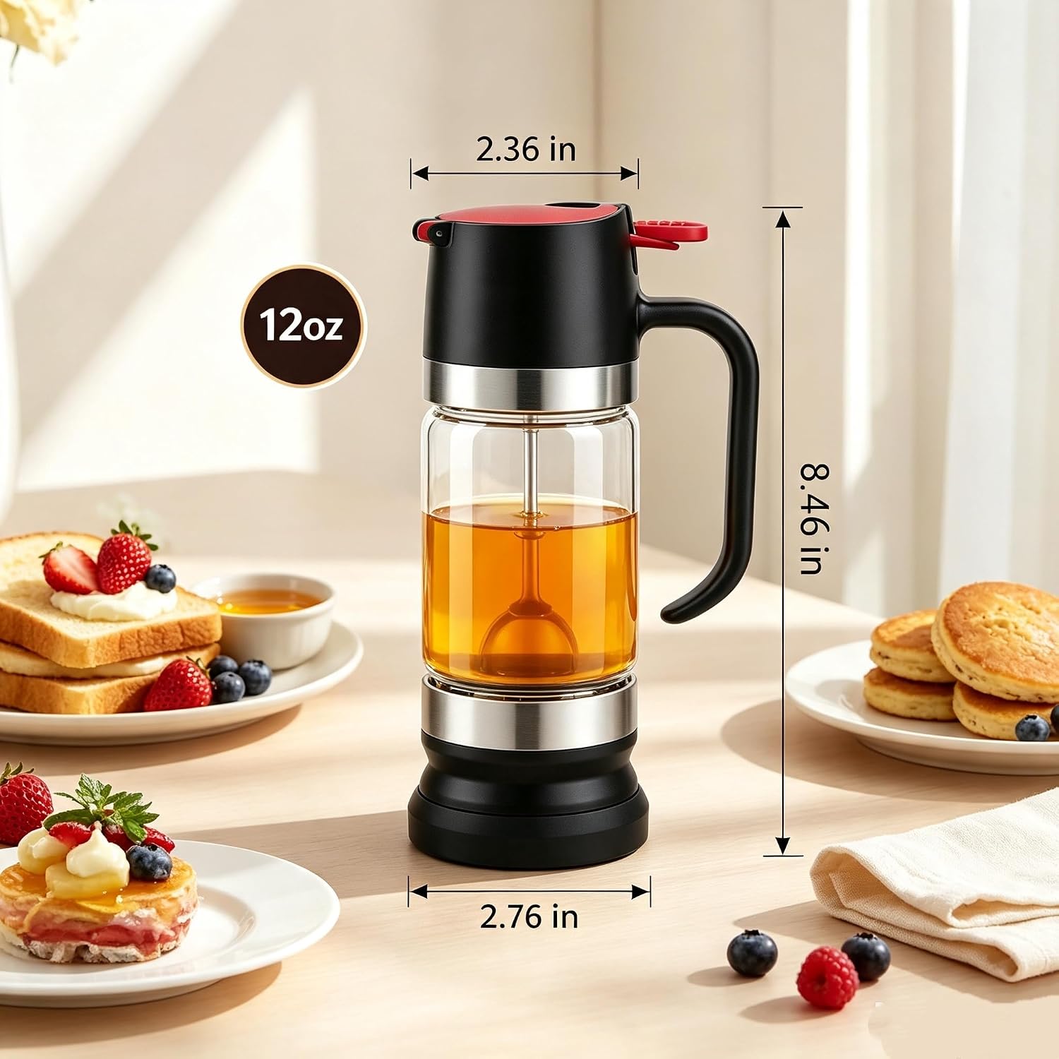 12 oz Glass Honey Dispenser No Drip with Stand, Honey Syrup Dispenser with Handle, Refillable Honey Container for Honey, Maple Syrup, Coffee Syrup, Tea and Pancakes