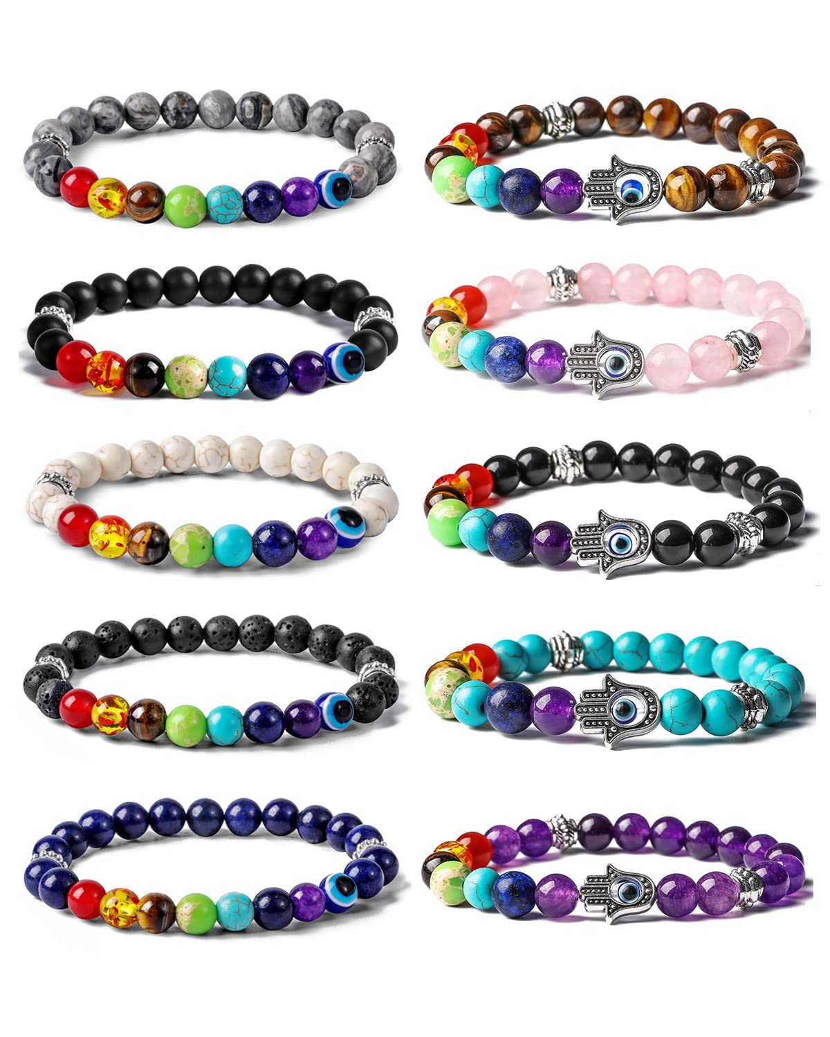 BOMAIL10Pcs Evil Eye Charm Bracelets-7 Chakras Gemstone Lava Stone Hamsa Hand of Fatima Turkish Evil Eye Lucky Bracelet for Protection and Blessing for Women