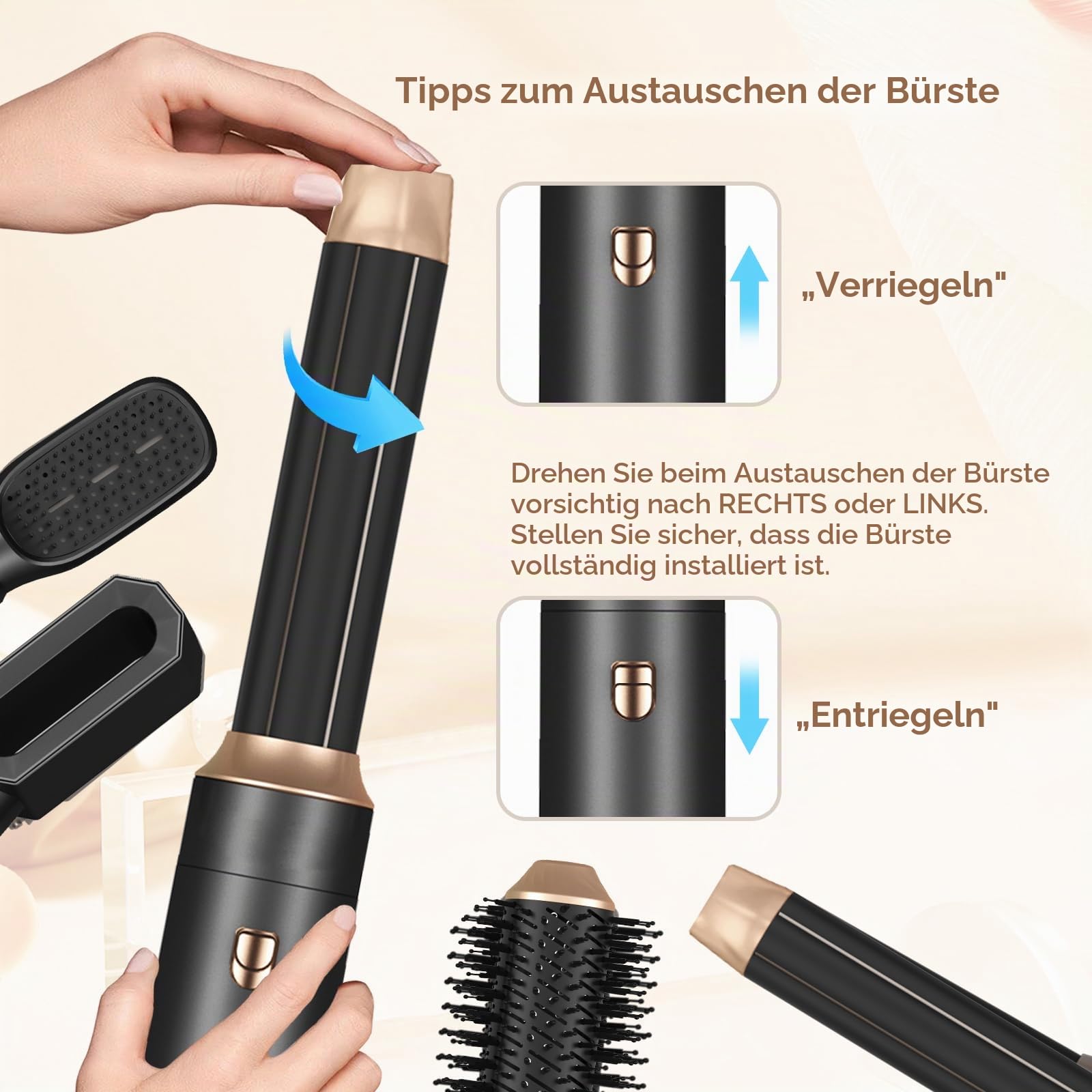 MogaWave Hairstyler Föhnbürste 6 in 1, 60000RPM Haartrockner Bürste, Lockenstab mit Luft Links/Rechts,3 Temperaturregelung,Airstyler Set,Sie dem Haar Volumen, Locken und Föhnen Sie Trockenes Haar