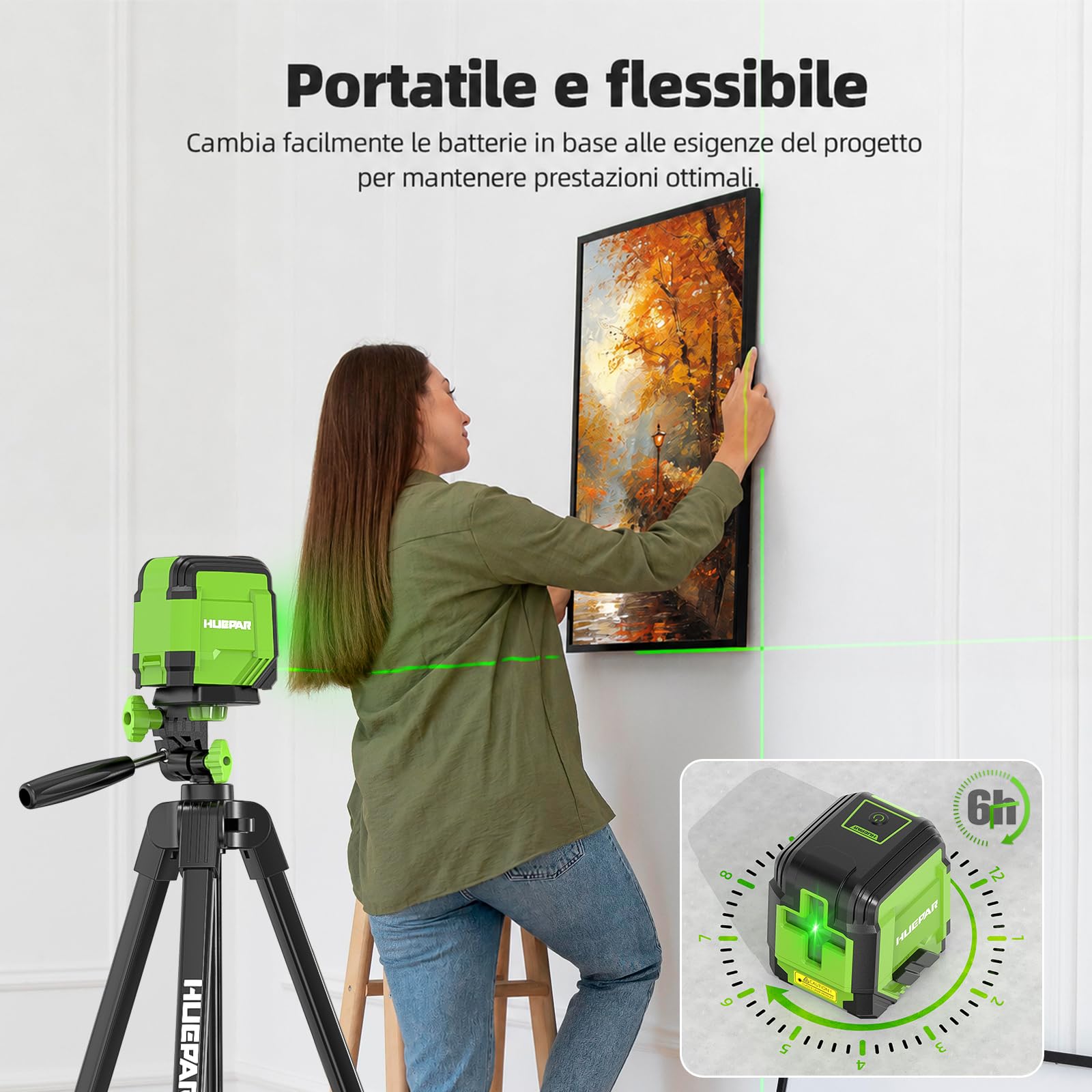 Huepar GK011DG Nivel Láser Autonivelante Verde con Trípode 1,52m, Línea Cruzada Horizontal/Vertical 110°, Alcance 30 m, con Bolsa, Gafas, Placa objetivo y 2 Pilas AA para Bricolaje, Casa, Carpintería