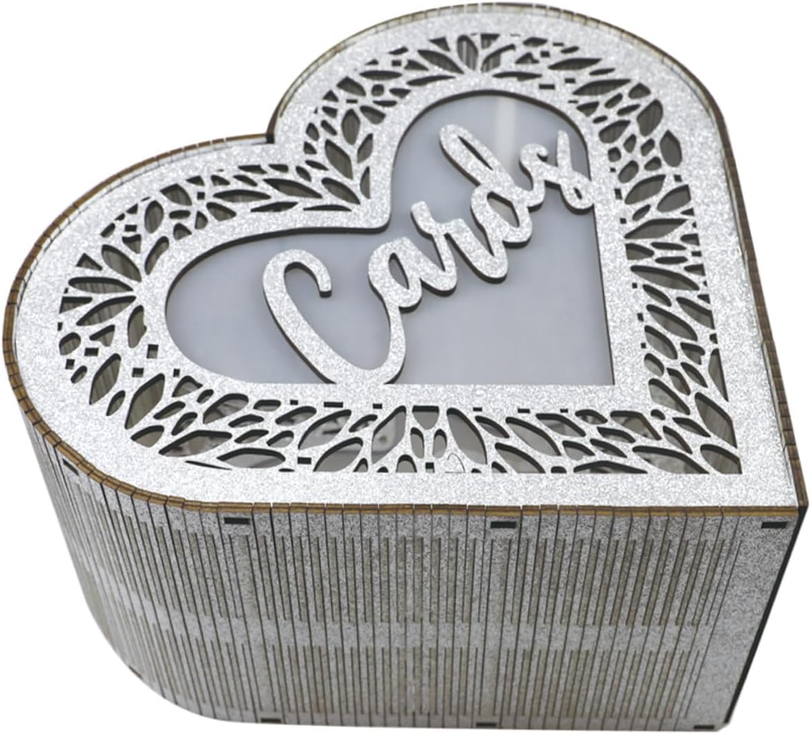 OUNONA Wooden Hollow Heart-shaped Card Box with Glitter Anniversary Greeting Blessing Storage Container for Wedding Birthday Party Decoration