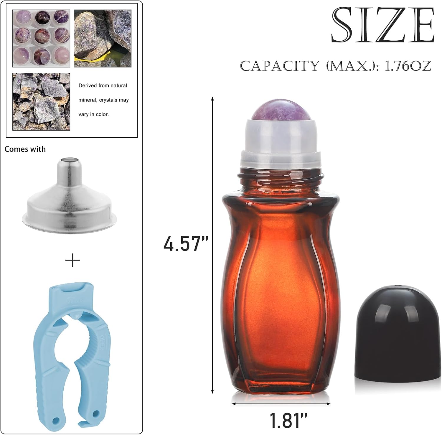50ml Large Amber Glass Roll on Bottles for Essential Oils Perfume Refillable Quartz Roller Ball Applicator Empty Deodorant Containers with Crystal Rollerball