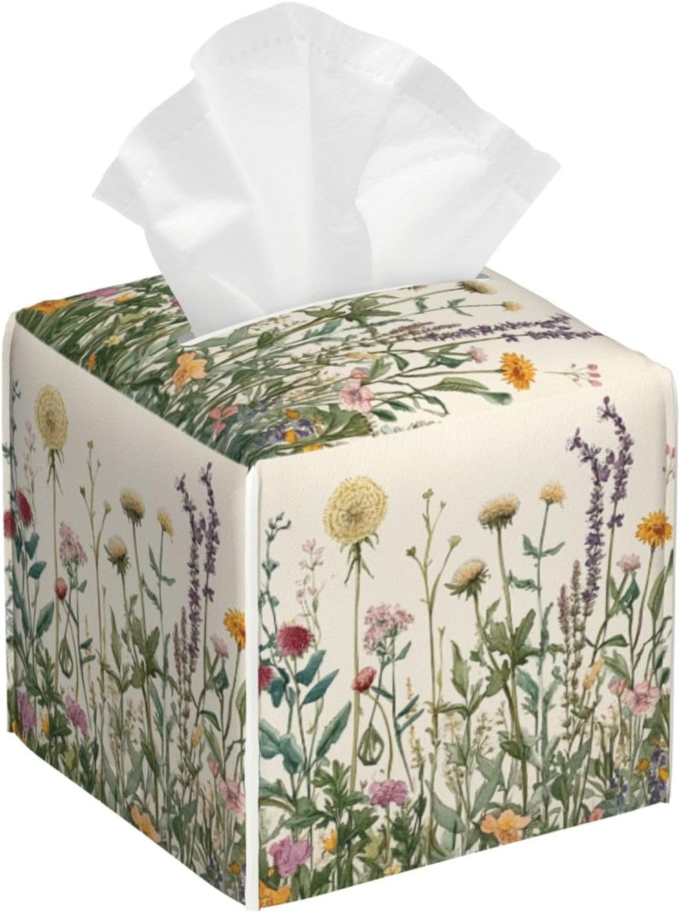 Vintage Dandelion Herbs Tissue Box Cover Spring Summer Wild Flowers Florals Square Leather Tissue Holder Decorative Facial Tissue Cube Paper Cover Case Organizer for Bathroom Night Stands Desk Home