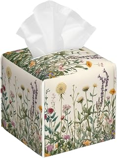 Vintage Dandelion Herbs Tissue Box Cover Spring Summer Wild Flowers Florals Square Leather Tissue Holder Decorative Facial Tissue Cube Paper Cover Case Organizer for Bathroom Night Stands Desk Home