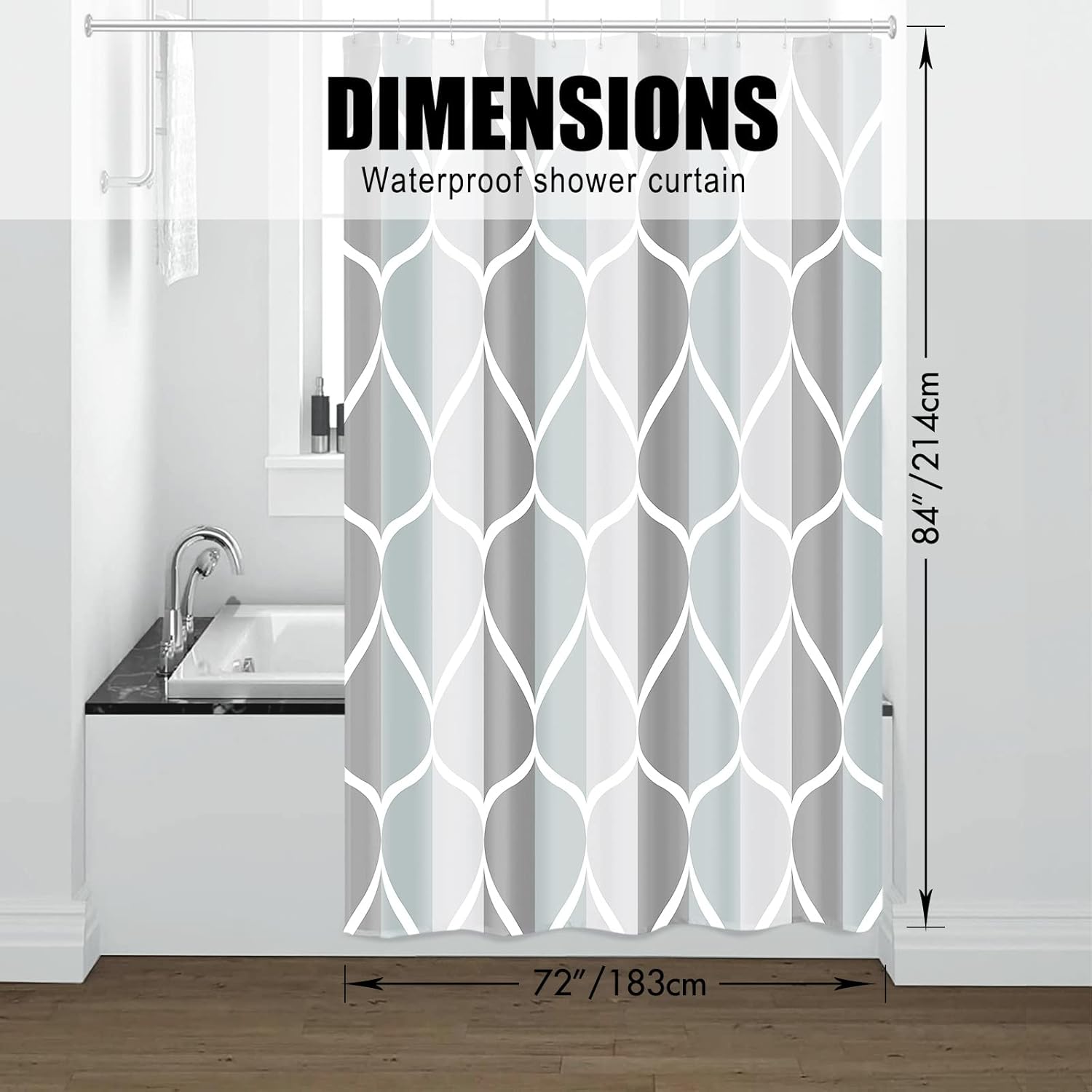 Gelbchu Grey Bath Shower Curtain,Waterproof Design and Polyester,Quick-Drying,Weight Hem,Extra Long Shower Curtain Set for Bathroom W 72 x H 84,Machine Washable with 12 Hooks