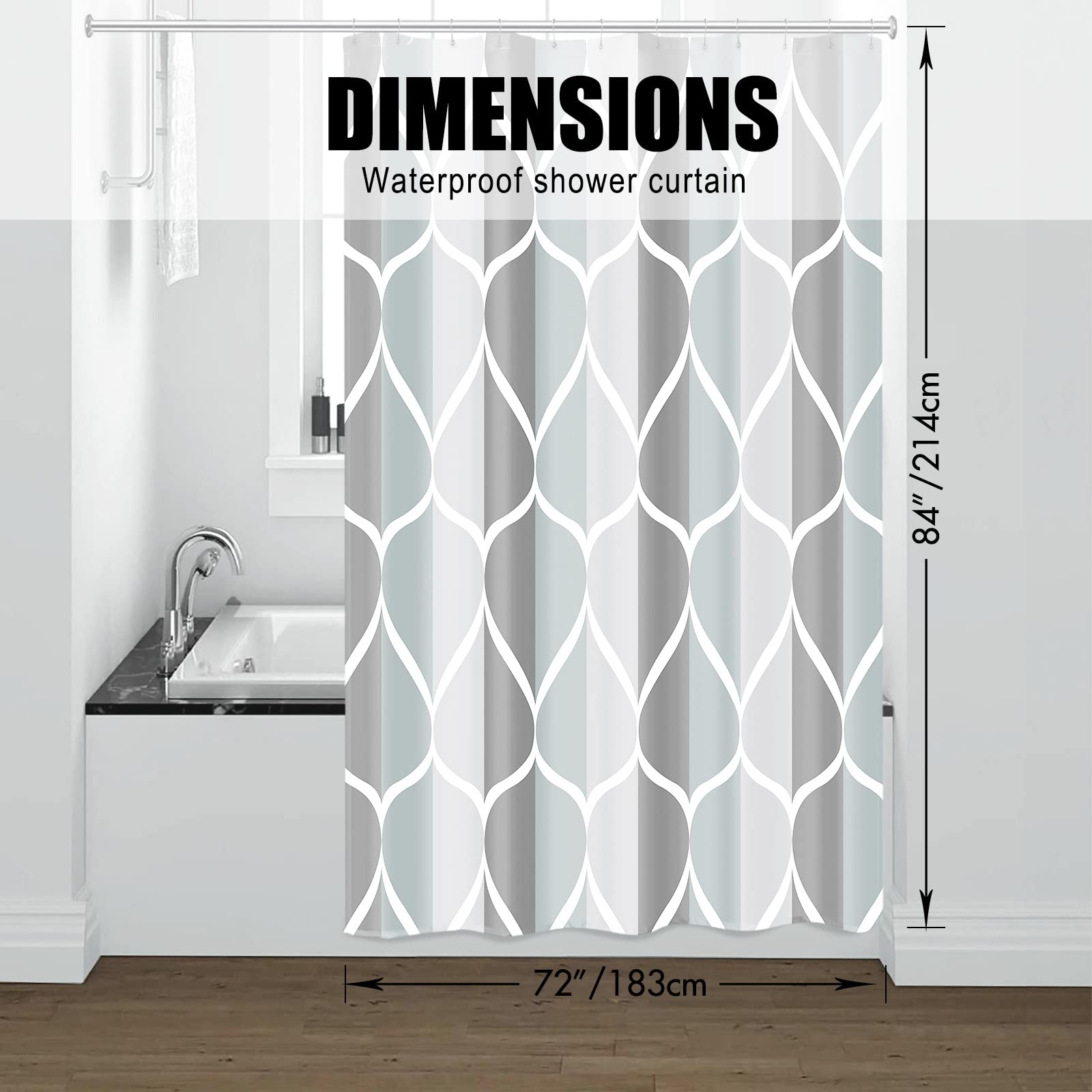 Tenda Da Doccia In Tessuto Grigio Gelbchu – 182x82 Cm – Poliestere Impermeabile Con 12 Ganci E Orlo Zavorrato