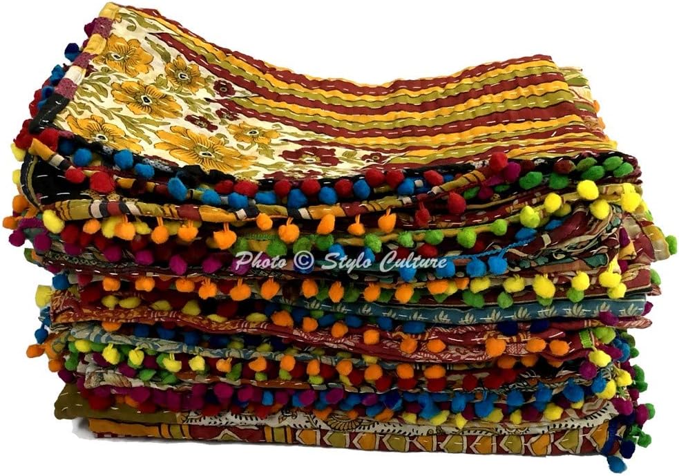 Indian Cotton Vintage Quilt Baby Blanket Unisex Childrens with Pom Pom Lace Small Baby Quilt Wholesale Lot 20 Pc Multicolored Floral Printed Kantha Nursery Decor (48 x 32 Inches)