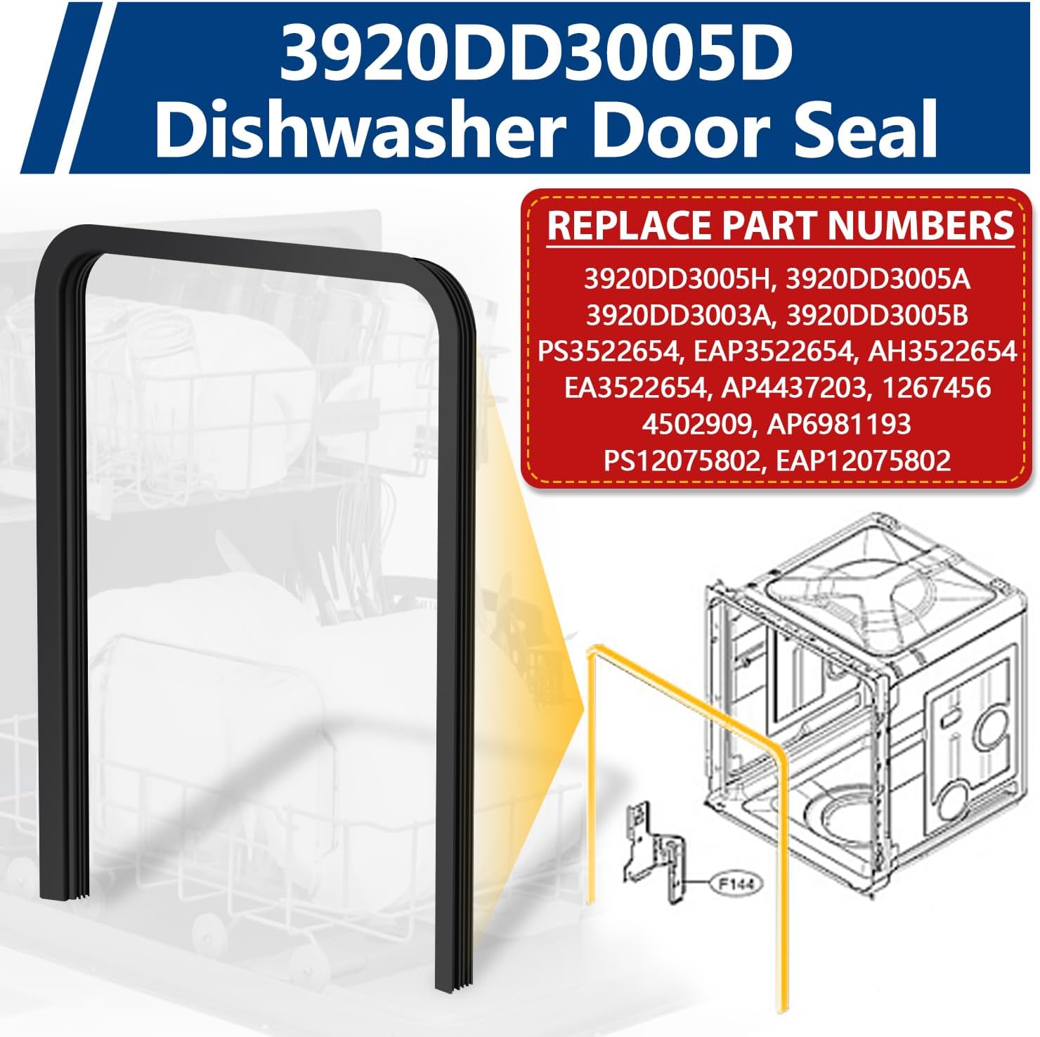 3920DD3005D Dishwasher Gasket Door Seal Fit for LG LDF5545ST LDF6920ST LDF7551BB LDF7551ST LDF7774ST LDF7811BB LDF8874ST LDF5545BD LDS5811ST LDS5040ST LDT5678SS LDF5545SS LDF5545WW LDT5678BD LDS6040ST