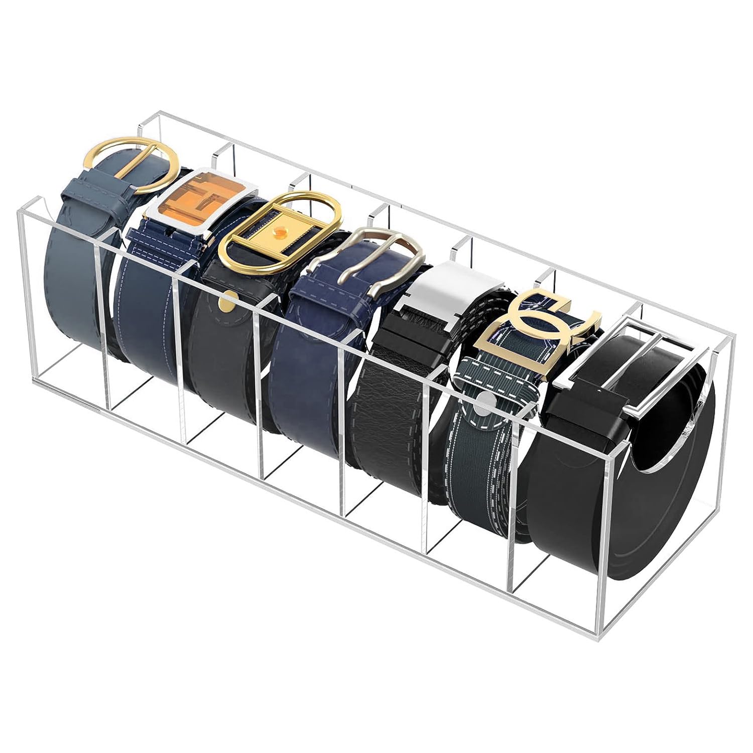 Belt Organizer, Acrylic Belt Storage Holder for The Closet, 7 Compartments Display Case for Tie and Bow Tie