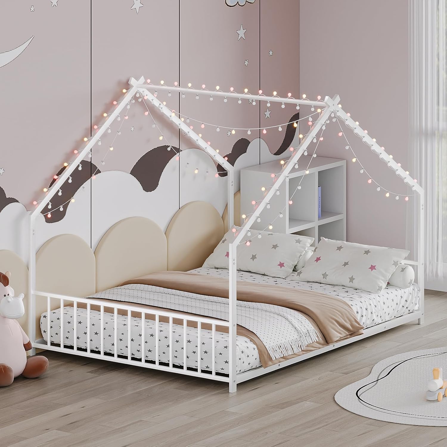 Bellemave Full Size Floor Bed Frame with Slats for Kids, Metal Montessori Floor Beds, Full House Bed for Kids, White with Slats and Lights Full White With Led